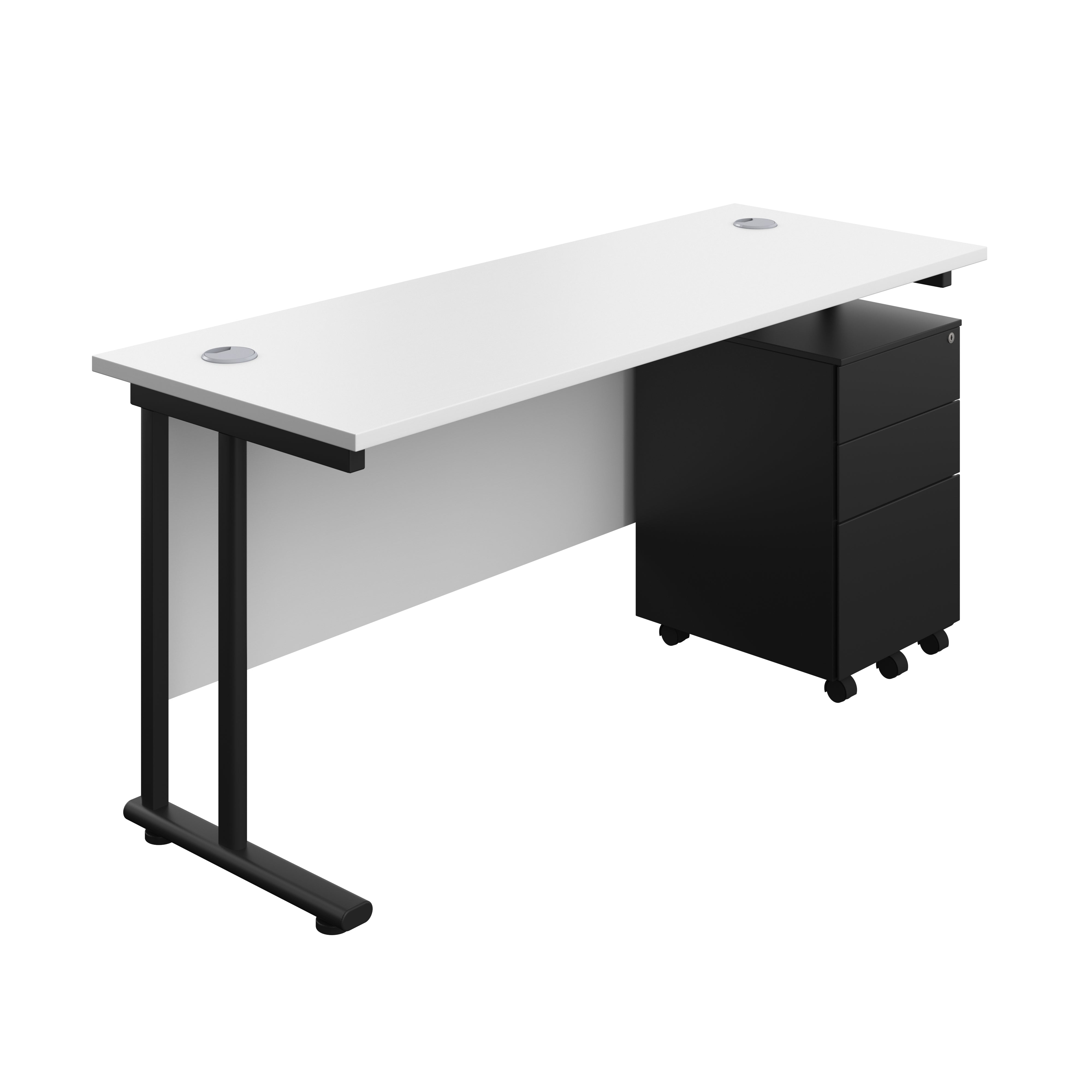 Twin Upright Rectangular Desk + Under Desk Steel Pedestal 3 Drawers (FSC) | 1600X600 | White/Black