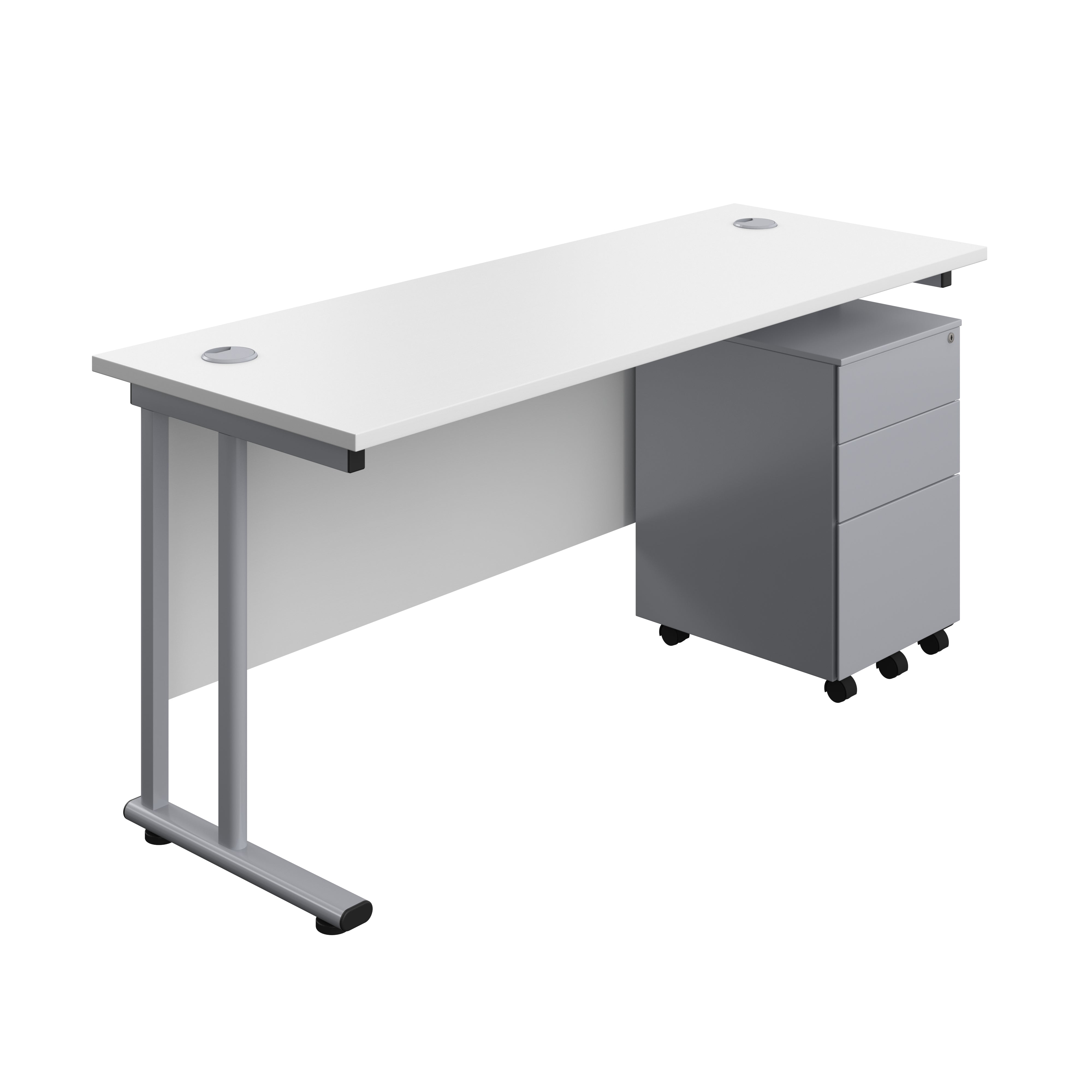 Twin Upright Rectangular Desk + Under Desk Steel Pedestal 3 Drawers (FSC) | 1600X600 | White/Silver