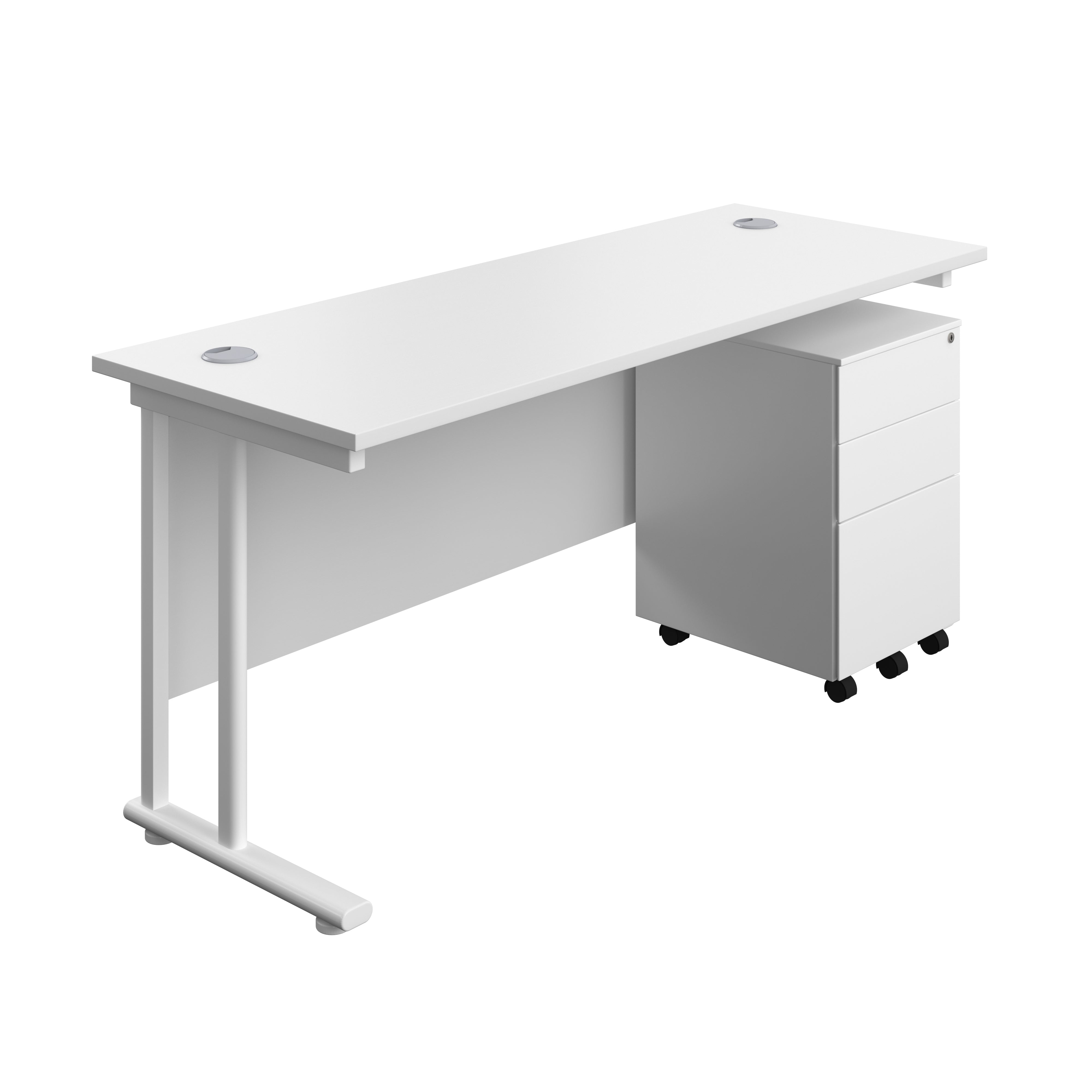 Twin Upright Rectangular Desk + Under Desk Steel Pedestal 3 Drawers (FSC) | 1600X600 | White/White