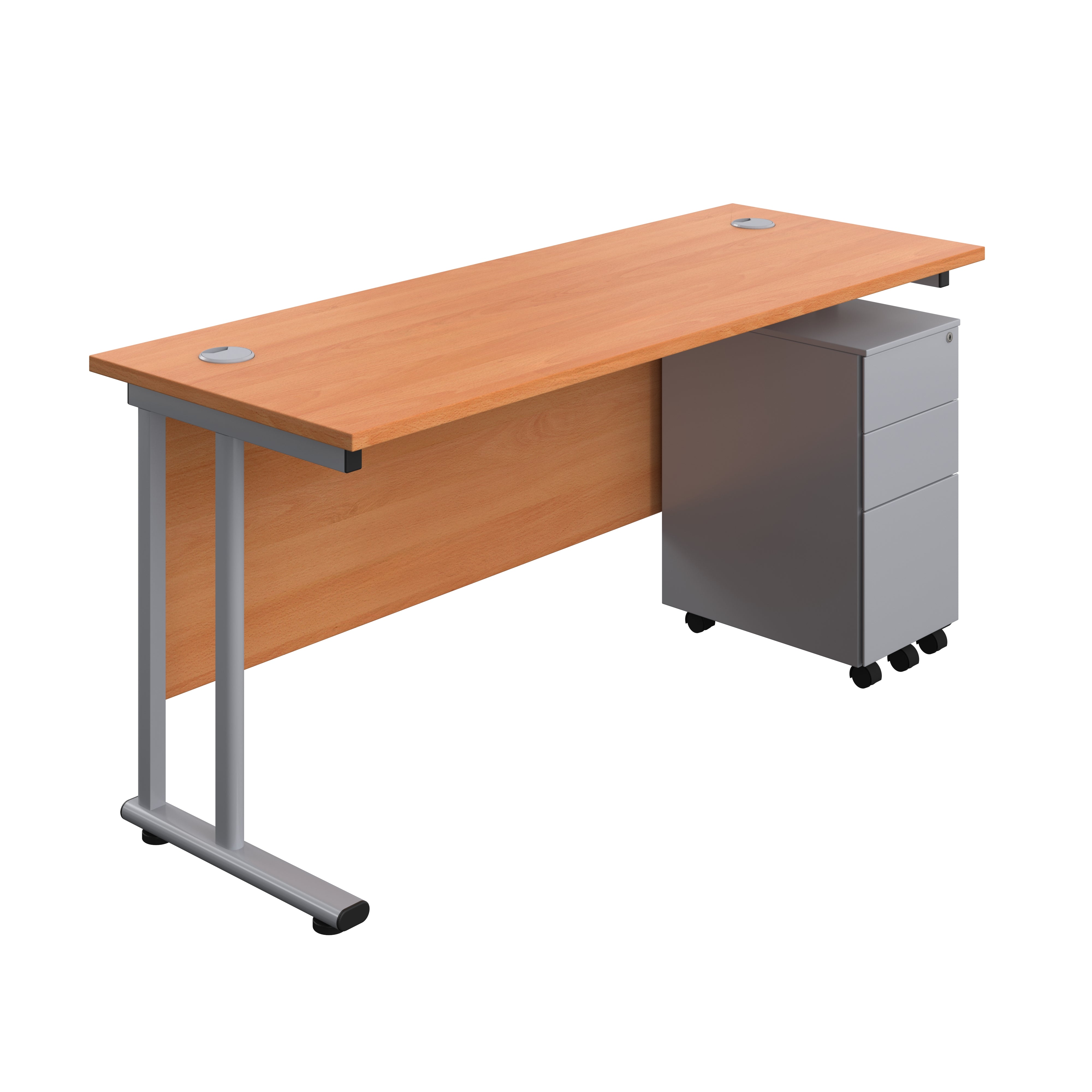 Twin Upright Rectangular Desk + Slimline Steel Pedestal 3 Drawers (FSC) | 1600X600 | Beech/Silver