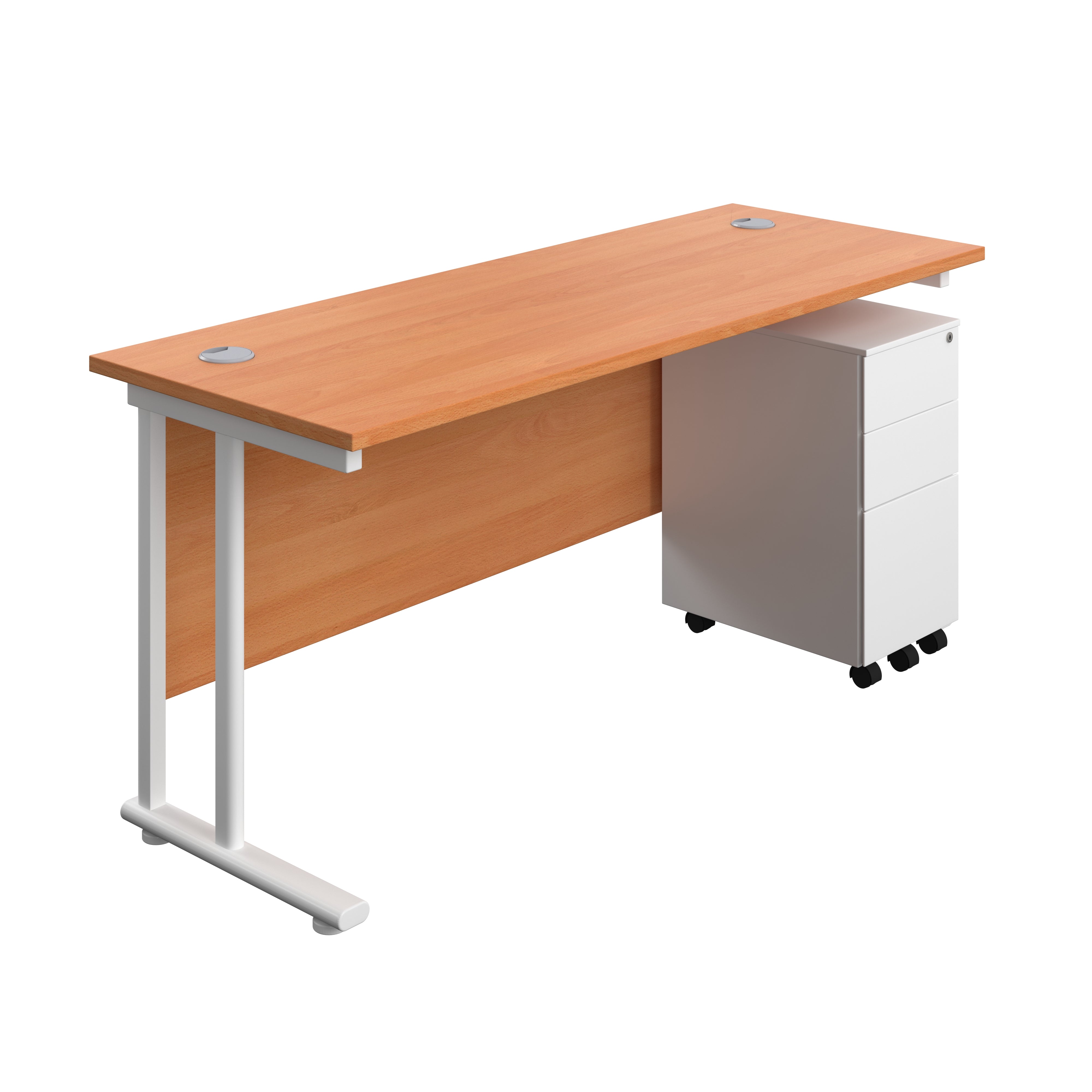 Twin Upright Rectangular Desk + Slimline Steel Pedestal 3 Drawers (FSC) | 1600X600 | Beech/White
