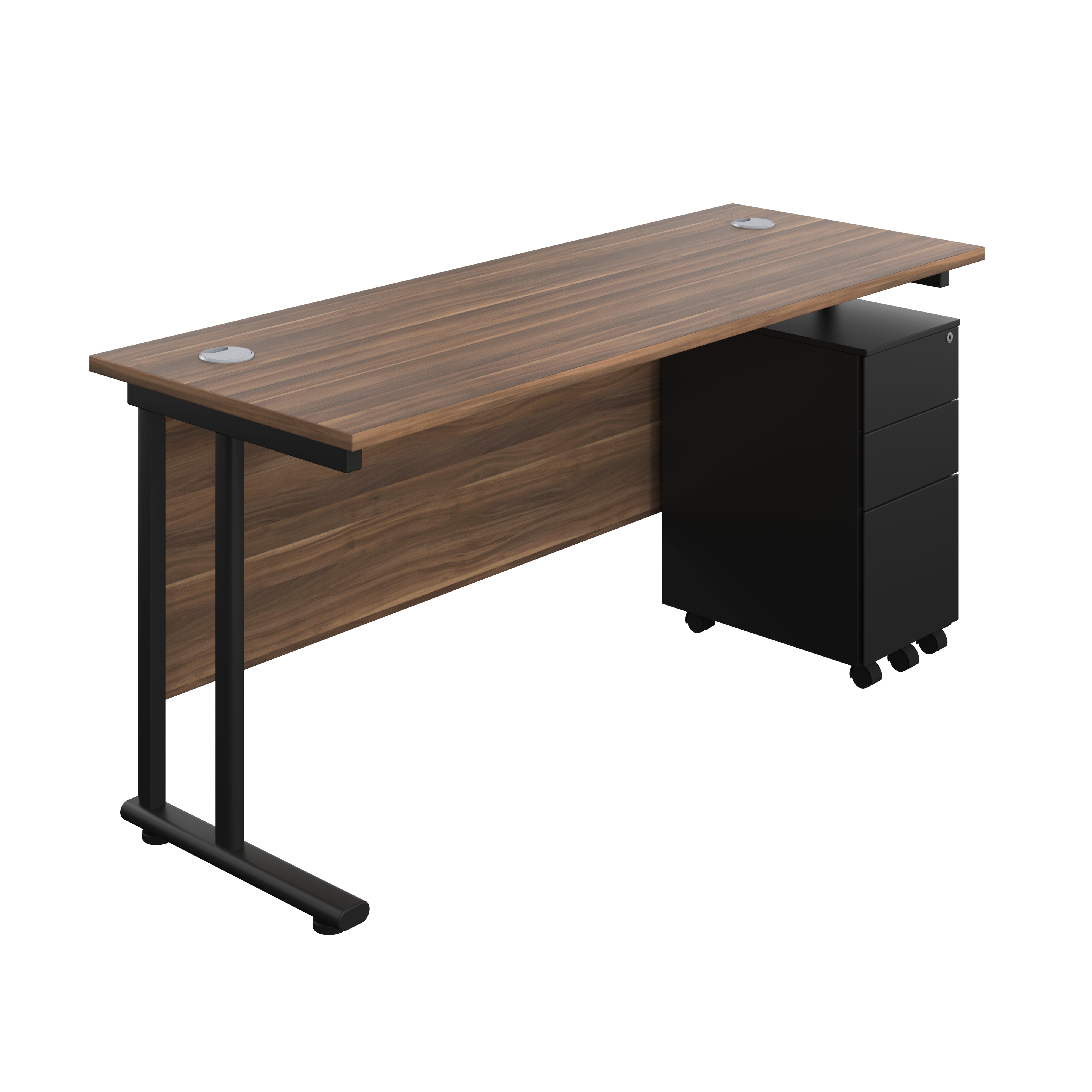 Twin Upright Rectangular Desk + Slimline Steel Pedestal 3 Drawers (FSC) | 1600X600 | Dark Walnut/Black