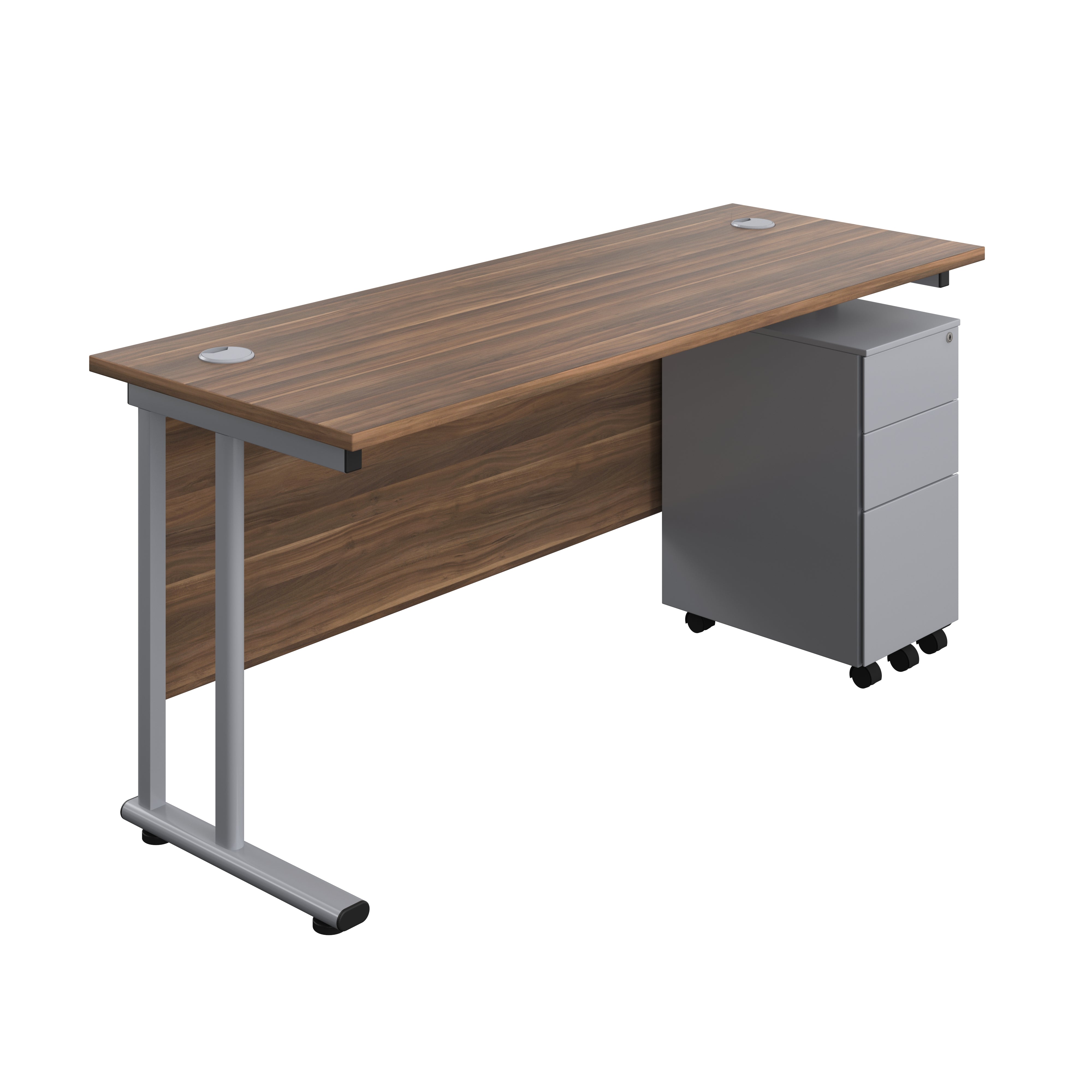 Twin Upright Rectangular Desk + Slimline Steel Pedestal 3 Drawers (FSC) | 1600X600 | Dark Walnut/Silver