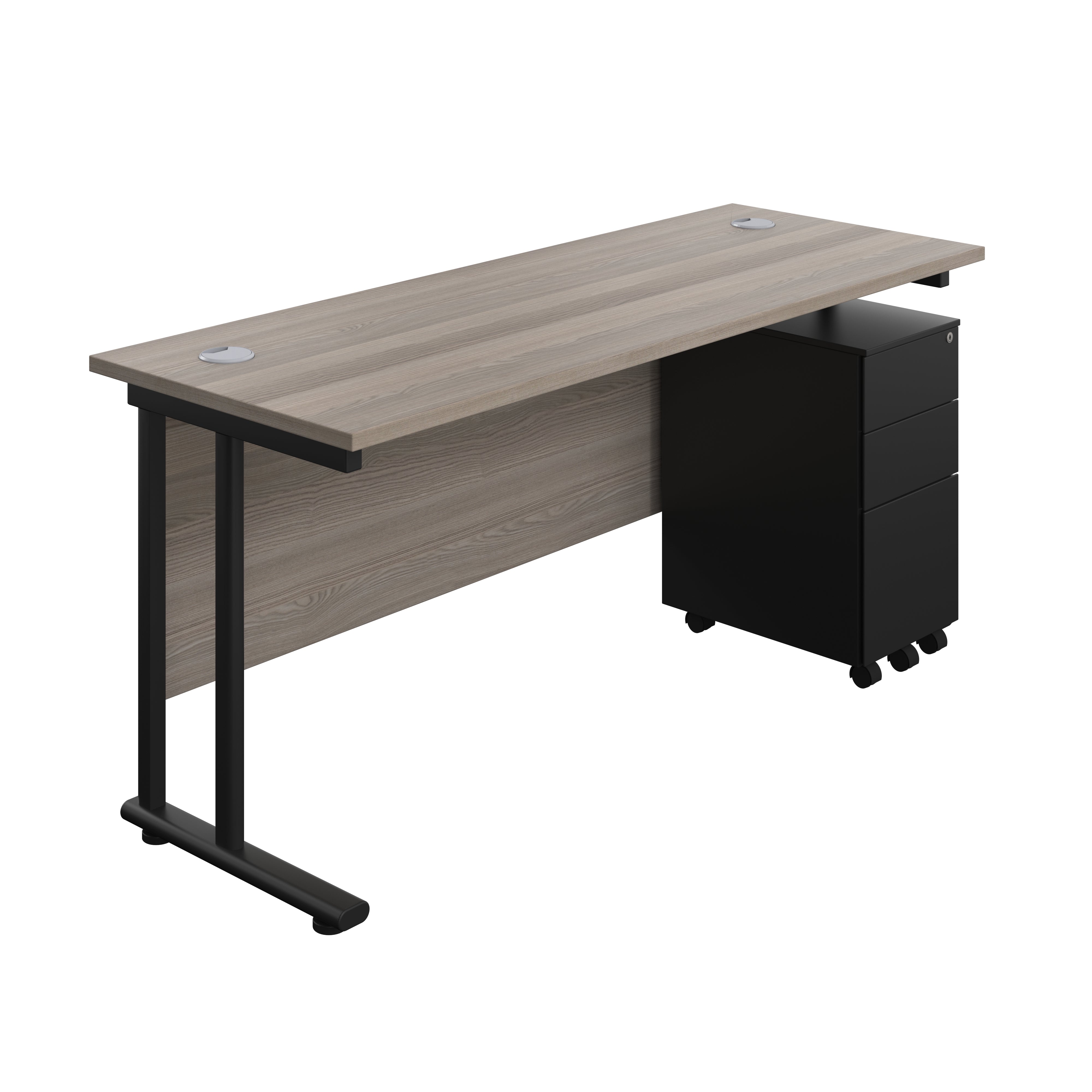 Twin Upright Rectangular Desk + Slimline Steel Pedestal 3 Drawers (FSC) | 1600X600 | Grey Oak/Black