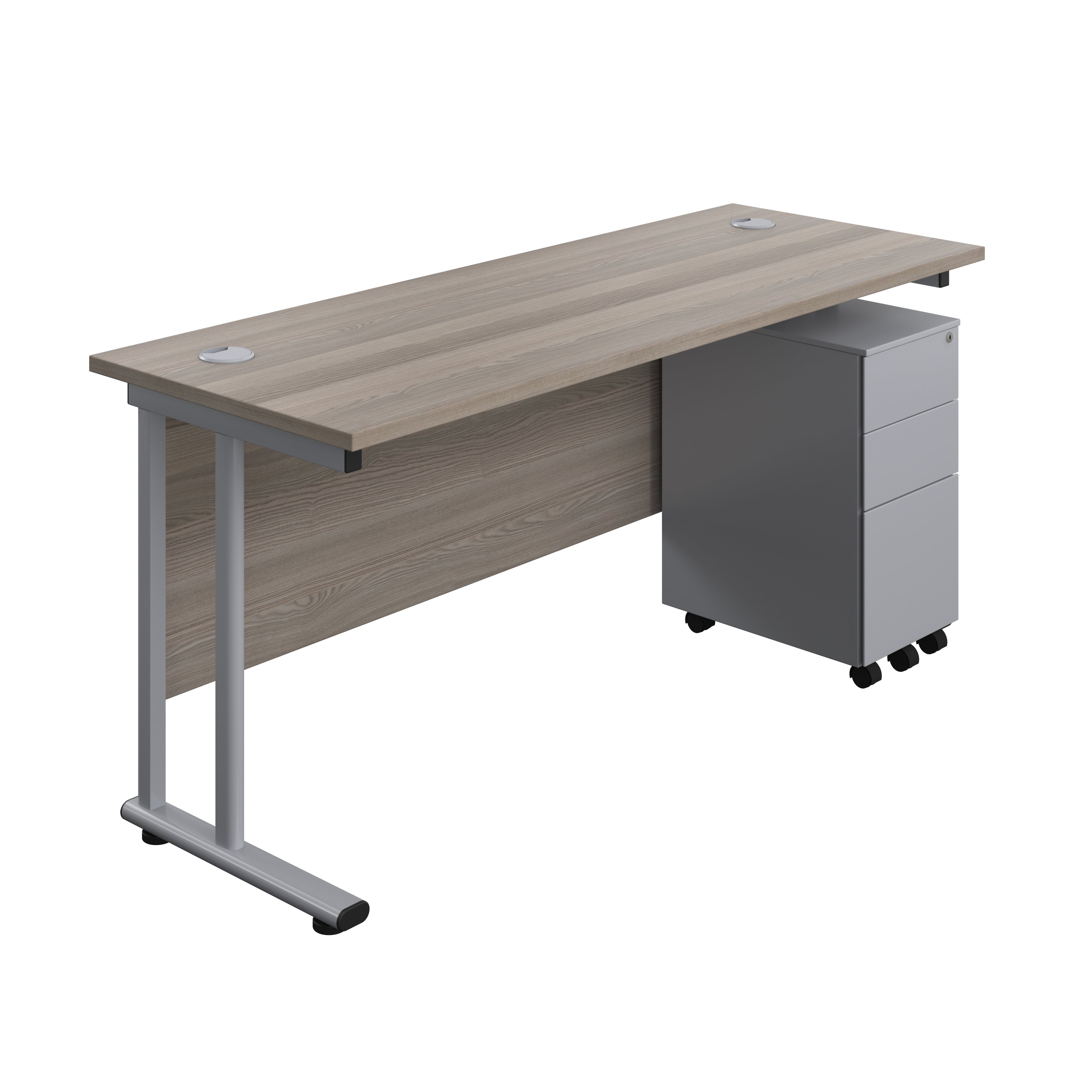 Twin Upright Rectangular Desk + Slimline Steel Pedestal 3 Drawers (FSC) | 1600X600 | Grey Oak/Silver