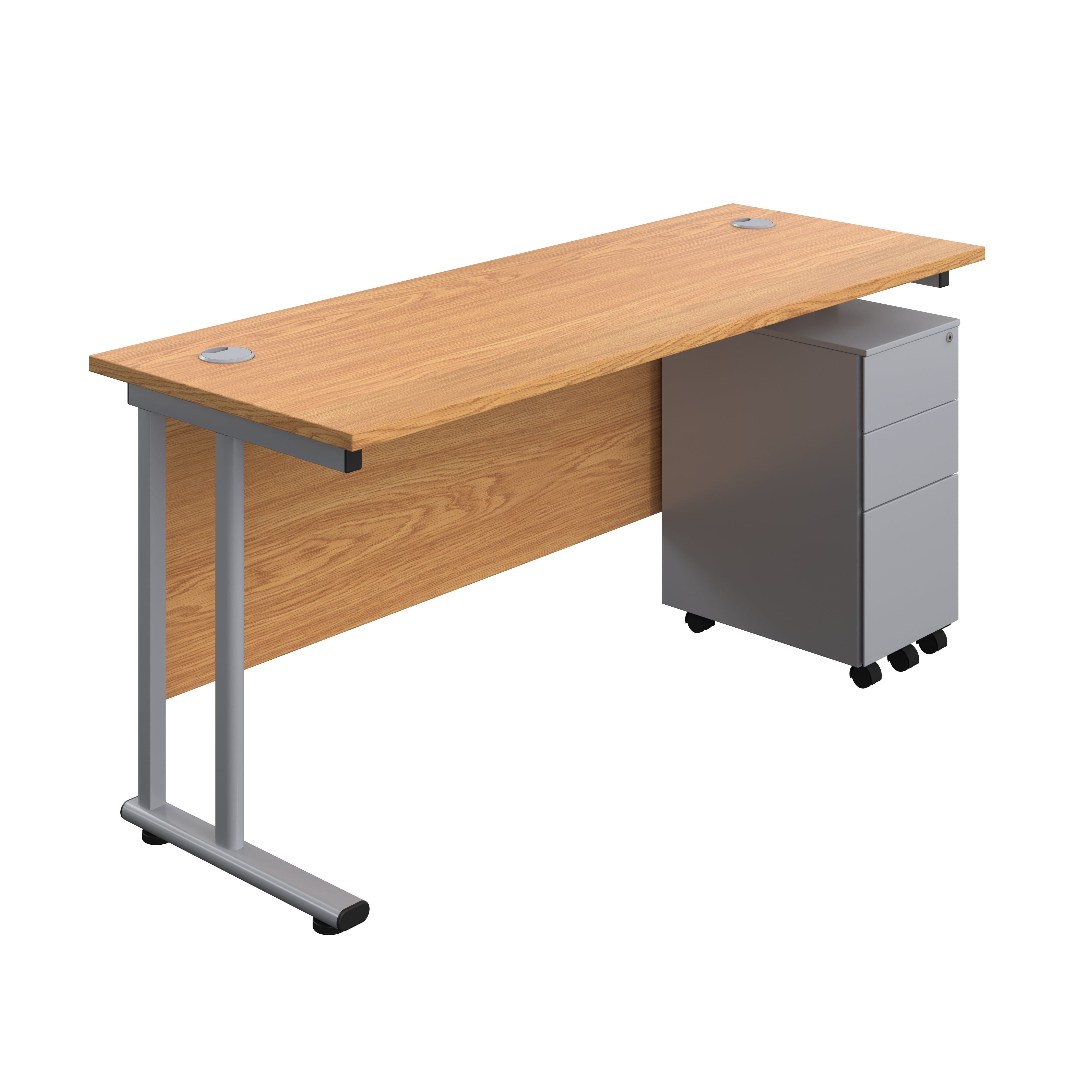 Twin Upright Rectangular Desk + Slimline Steel Pedestal 3 Drawers (FSC) | 1600X600 | Nova Oak/Silver