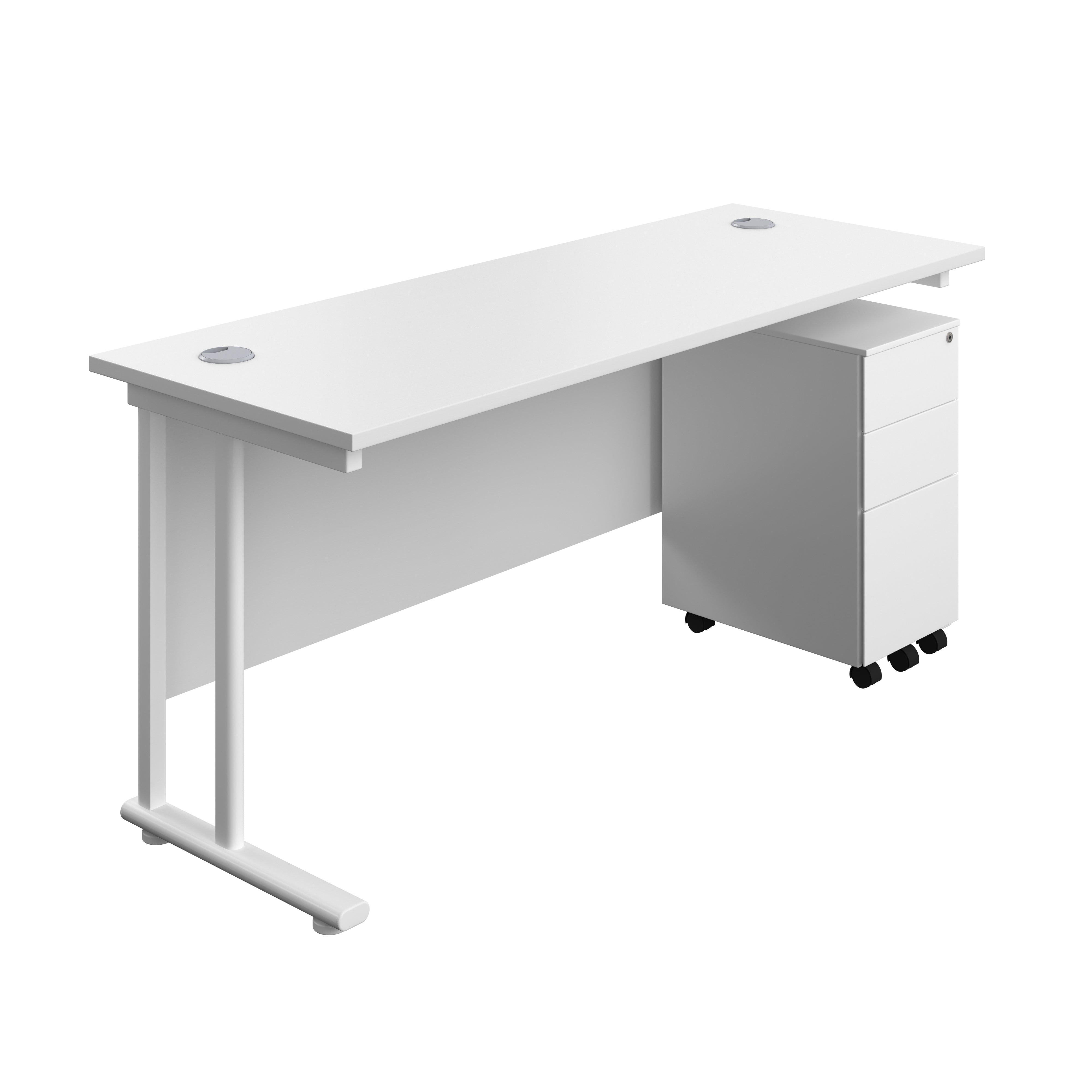 Twin Upright Rectangular Desk + Slimline Steel Pedestal 3 Drawers (FSC) | 1600X600 | White/White