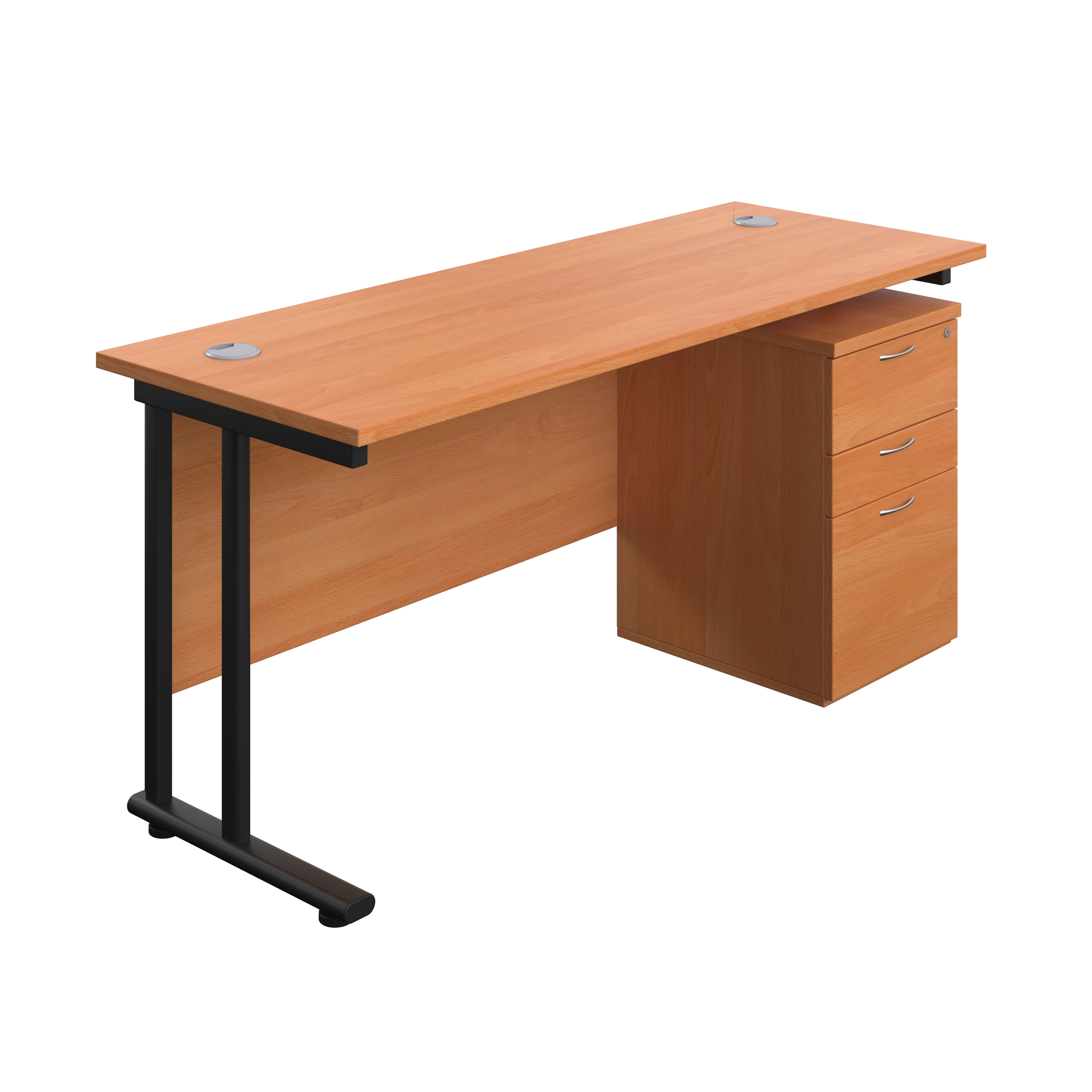Twin Upright Rectangular Desk + High Mobile Pedestal 3 Drawer (FSC) | 1600X600 | Beech/Black