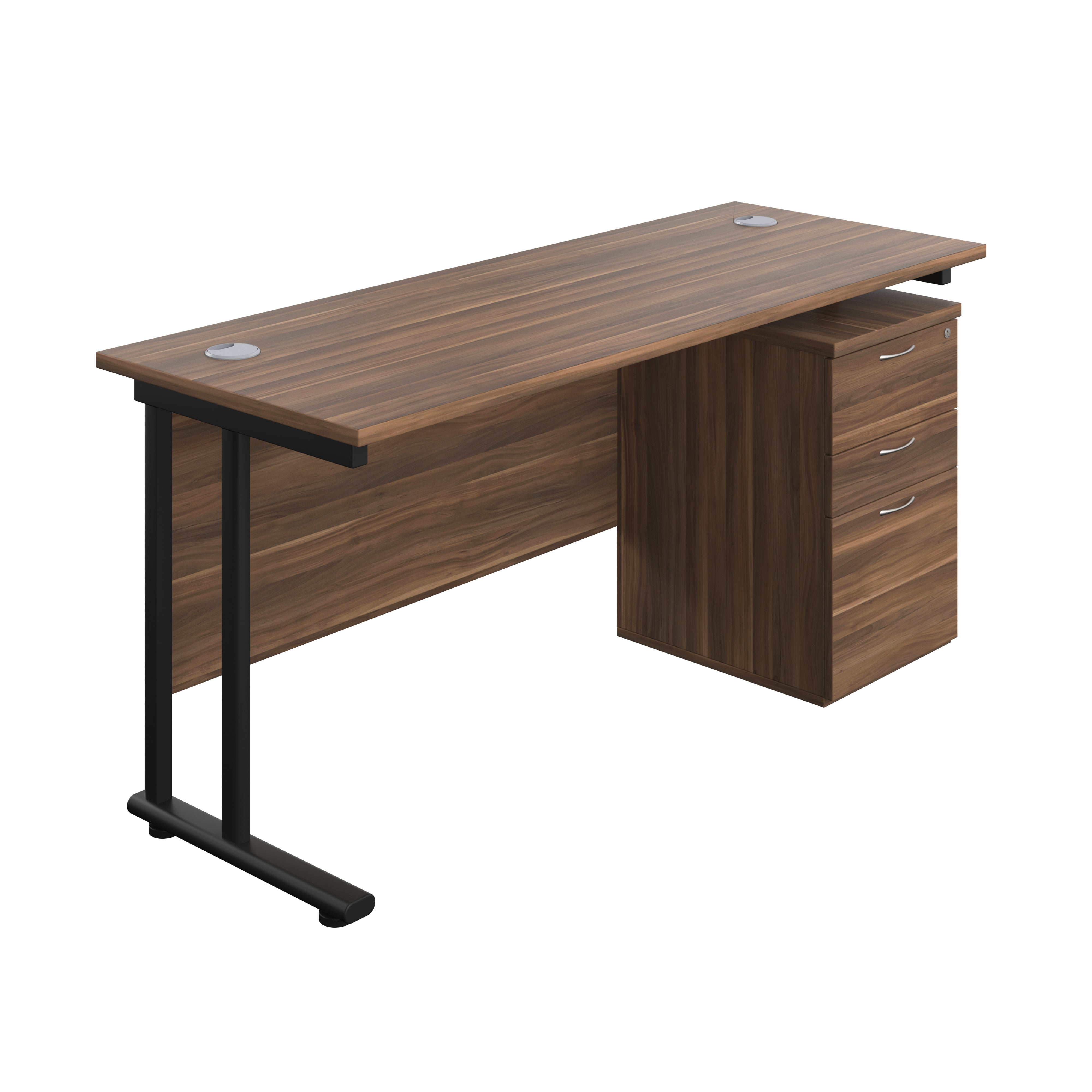 Twin Upright Rectangular Desk + High Mobile Pedestal 3 Drawer (FSC) | 1600X600 | Dark Walnut/Black