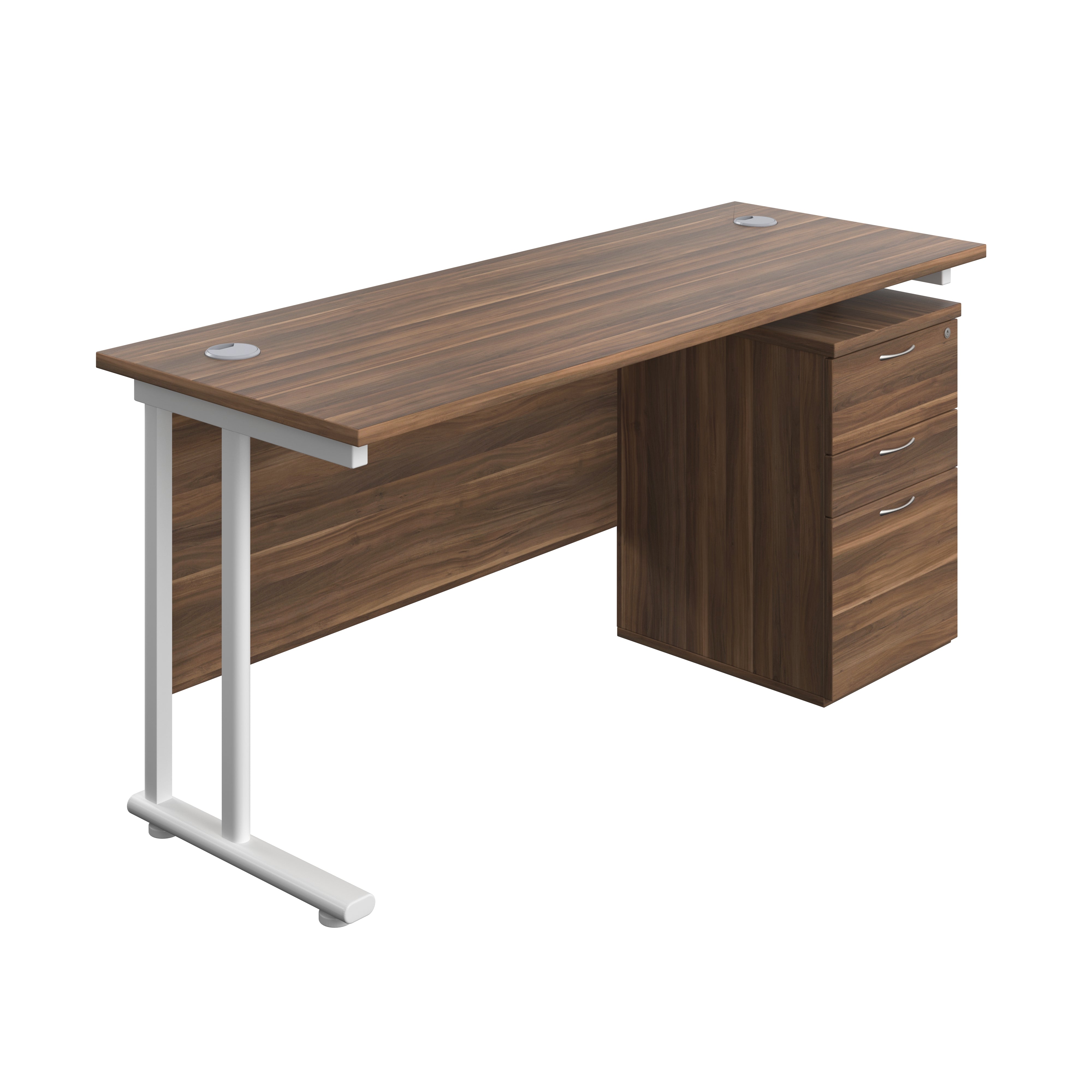 Twin Upright Rectangular Desk + High Mobile Pedestal 3 Drawer (FSC) | 1600X600 | Dark Walnut/White
