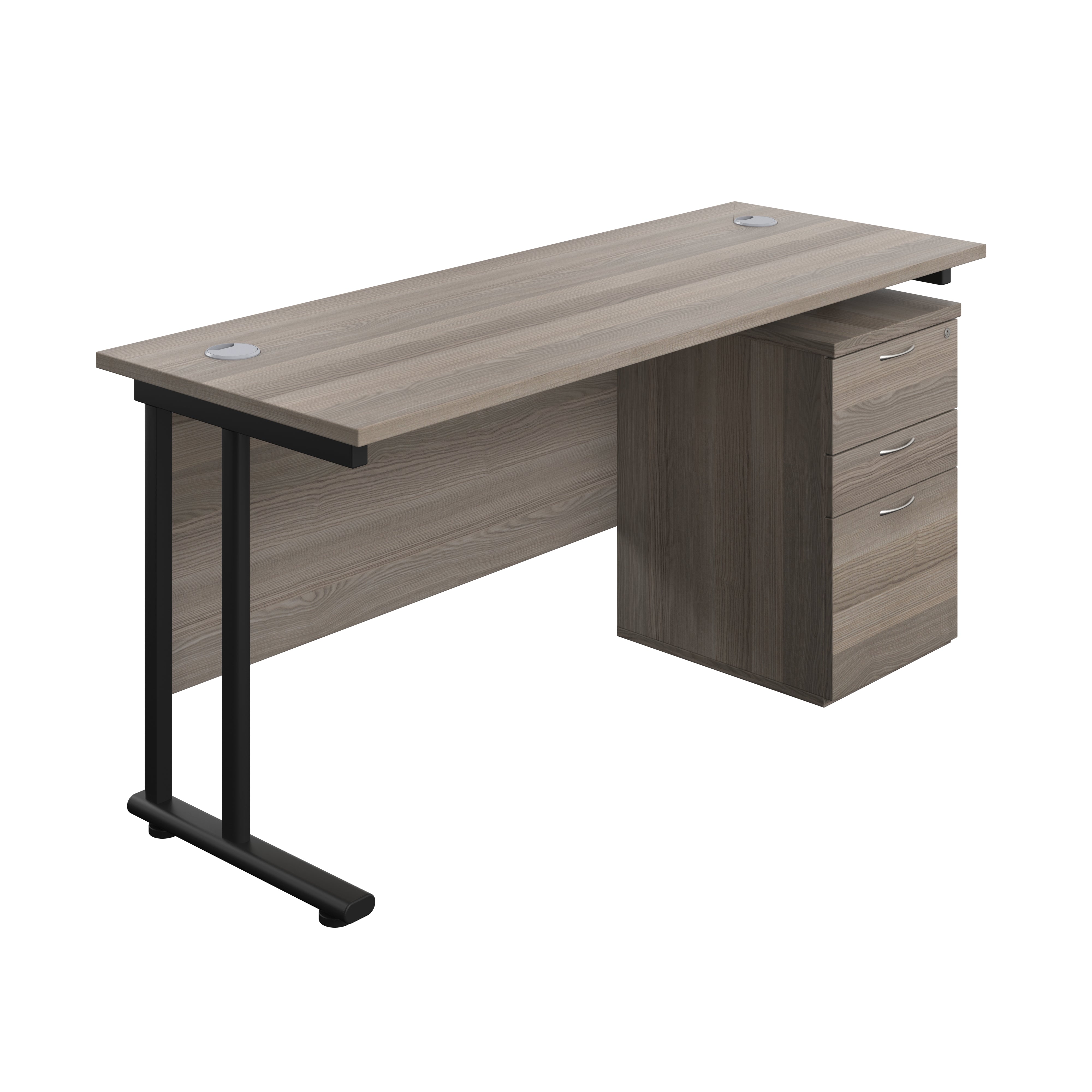 Twin Upright Rectangular Desk + High Mobile Pedestal 3 Drawer (FSC) | 1600X600 | Grey Oak/Black