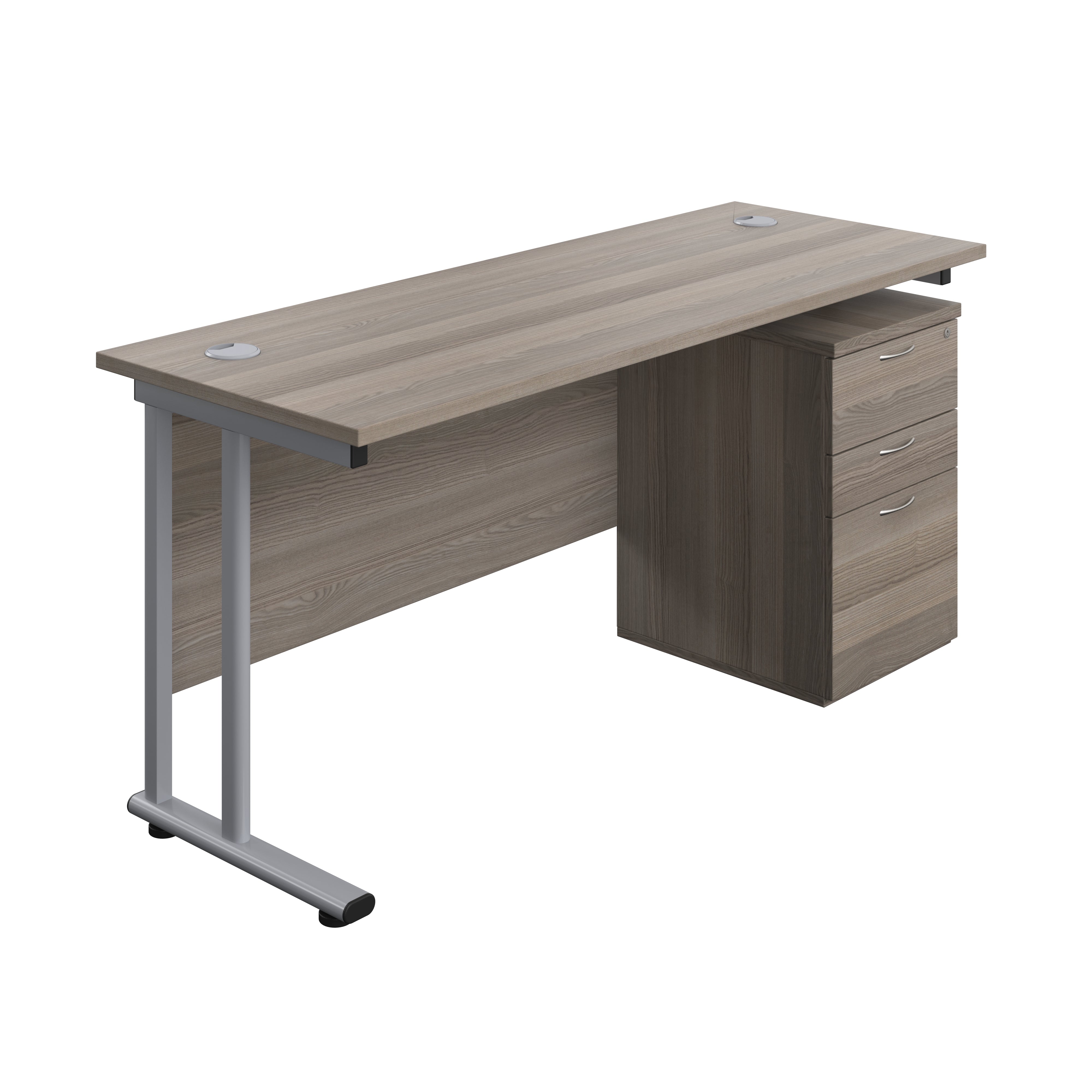 Twin Upright Rectangular Desk + High Mobile Pedestal 3 Drawer (FSC) | 1600X600 | Grey Oak/Silver