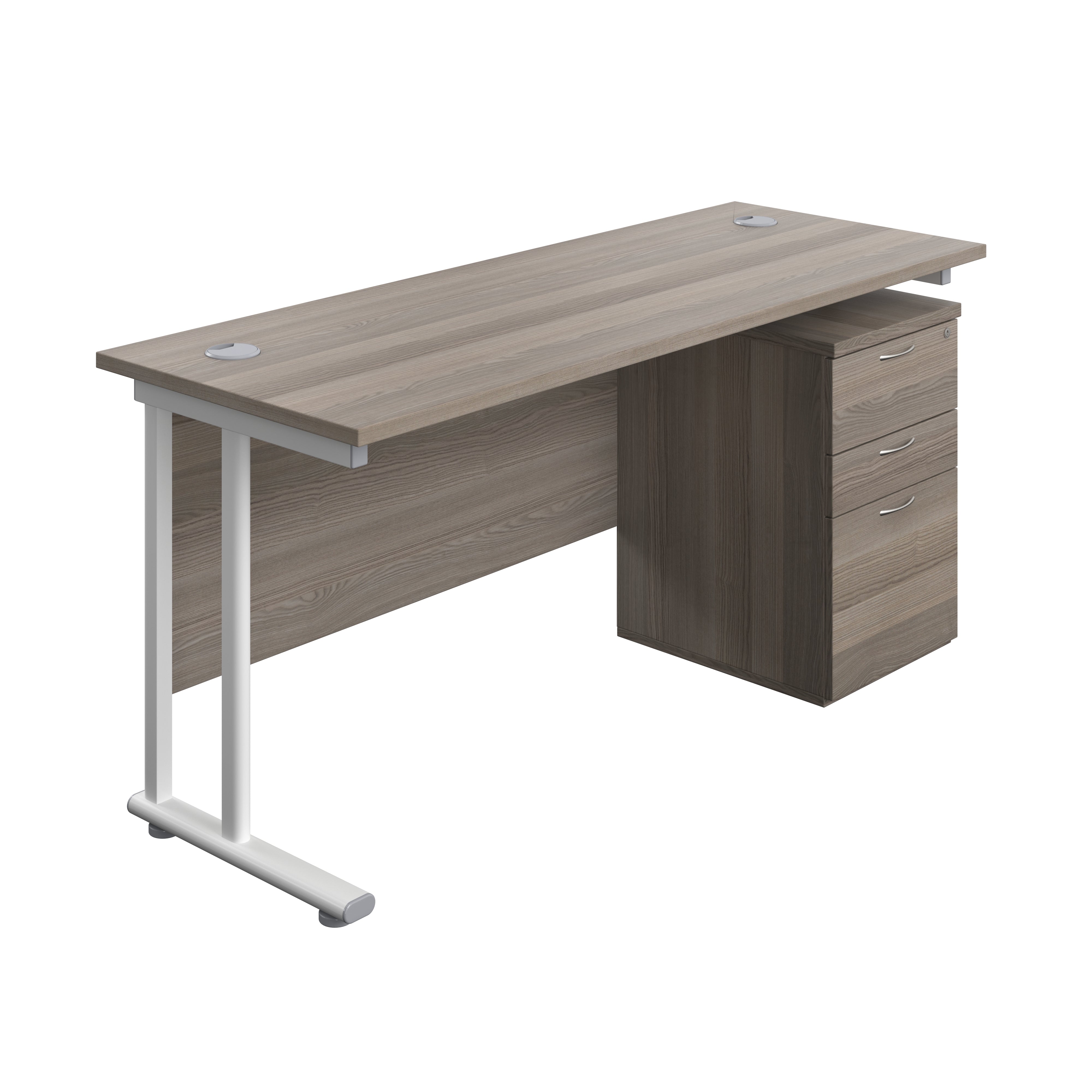 Twin Upright Rectangular Desk + High Mobile Pedestal 3 Drawer (FSC) | 1600X600 | Grey Oak/White