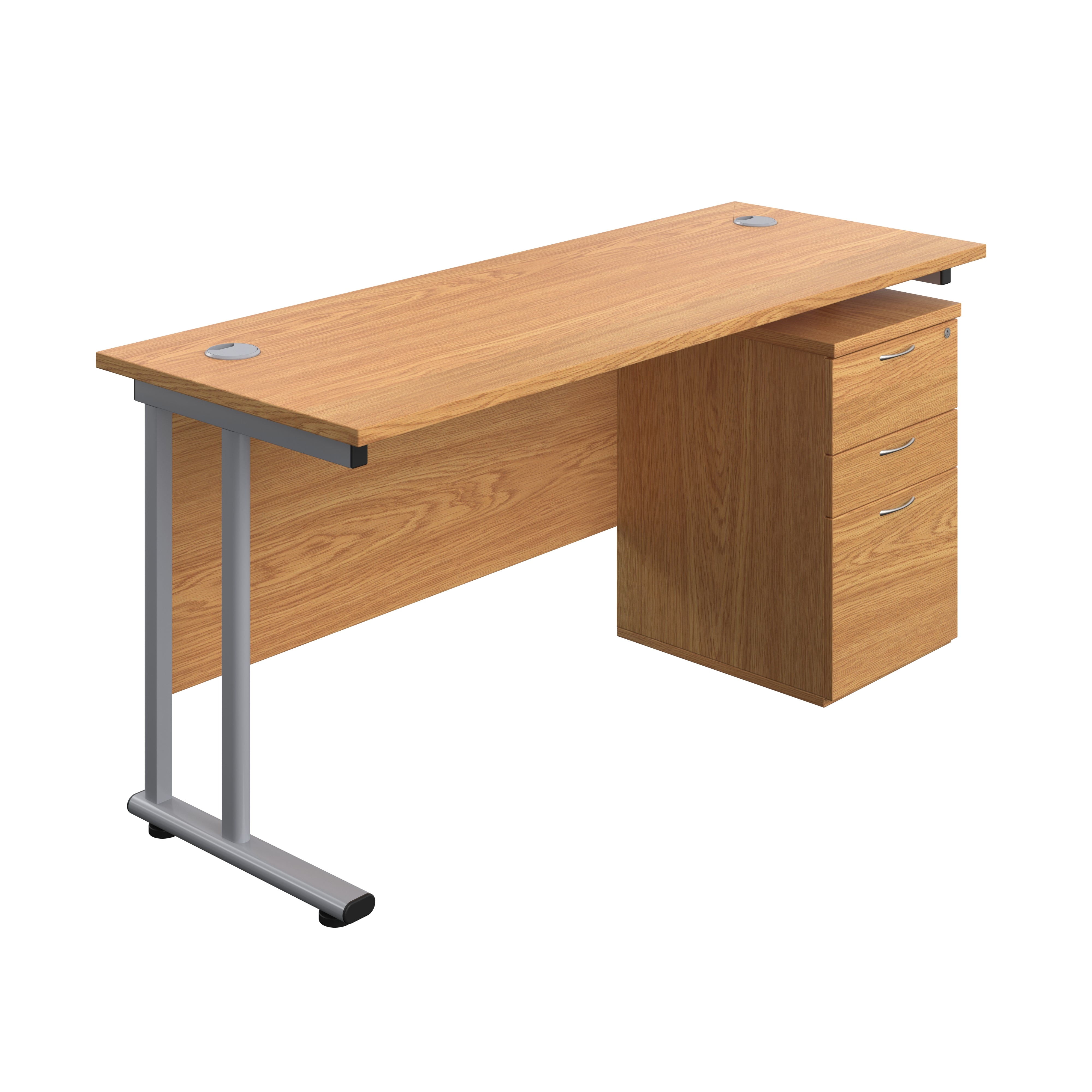 Twin Upright Rectangular Desk + High Mobile Pedestal 3 Drawer (FSC) | 1600X600 | Nova Oak/Silver