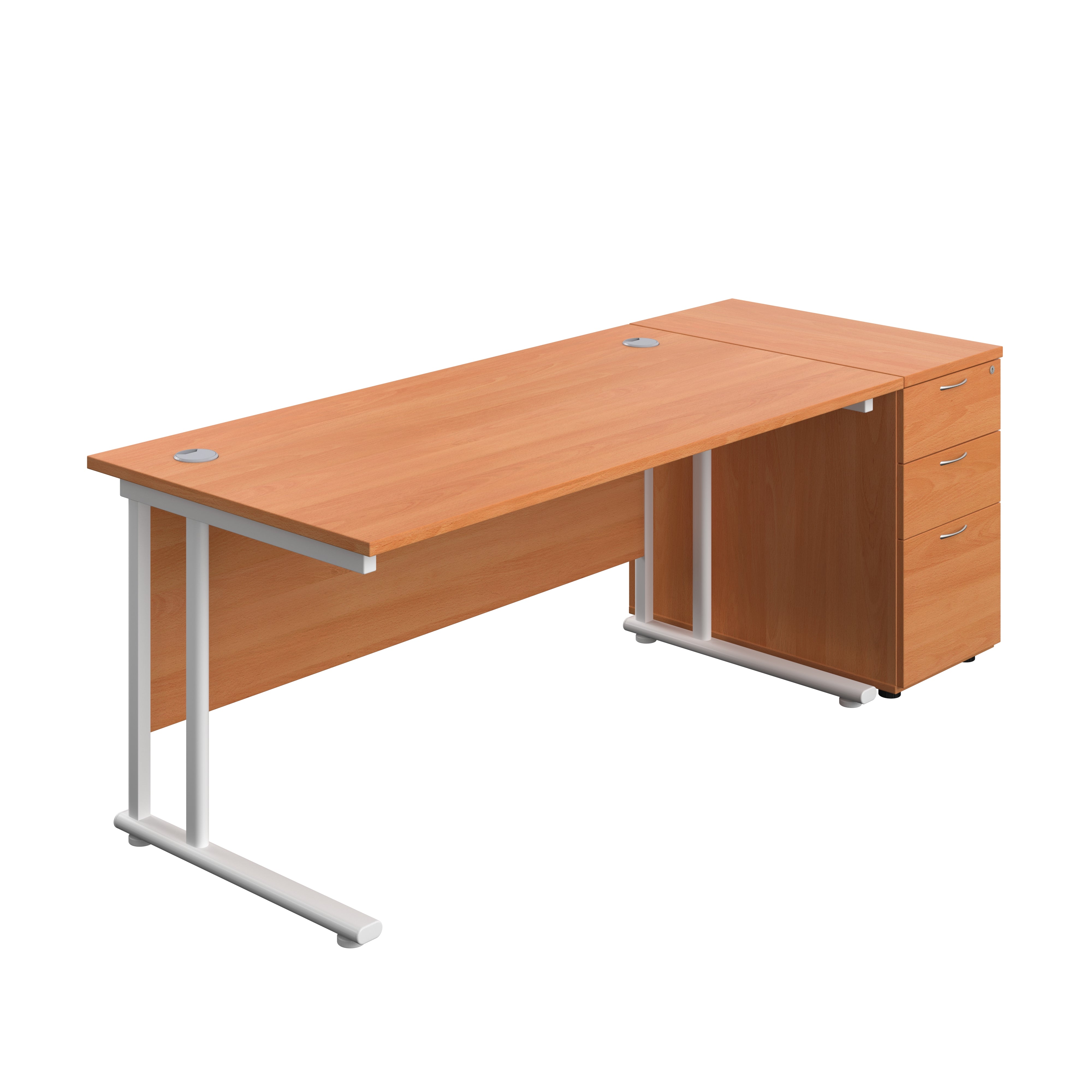 Twin Upright Rectangular Desk + Desk High 3 Drawer Pedestal (FSC) | 1600X800 | Beech/White