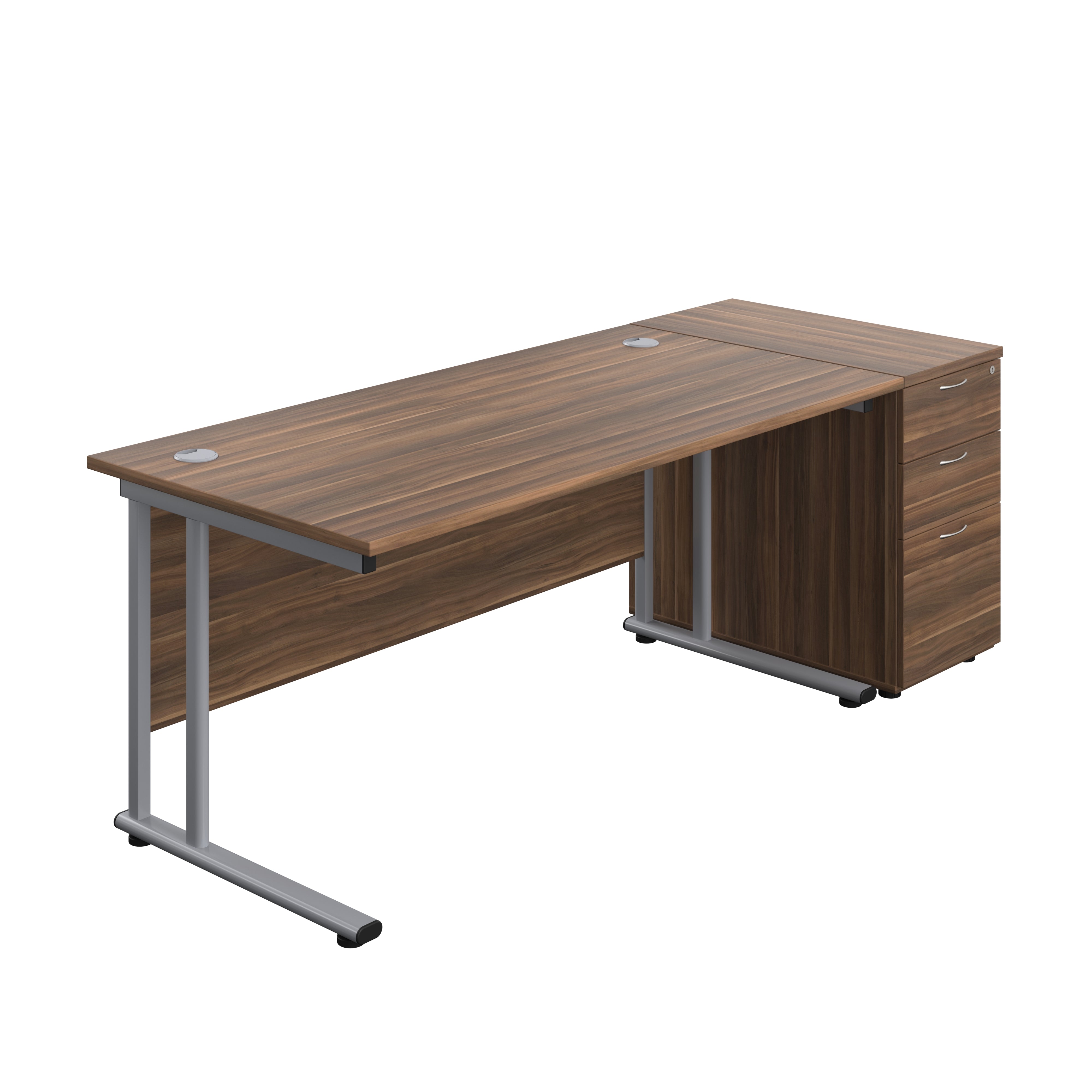 Twin Upright Rectangular Desk + Desk High 3 Drawer Pedestal (FSC) | 1600X800 | Dark Walnut/Silver