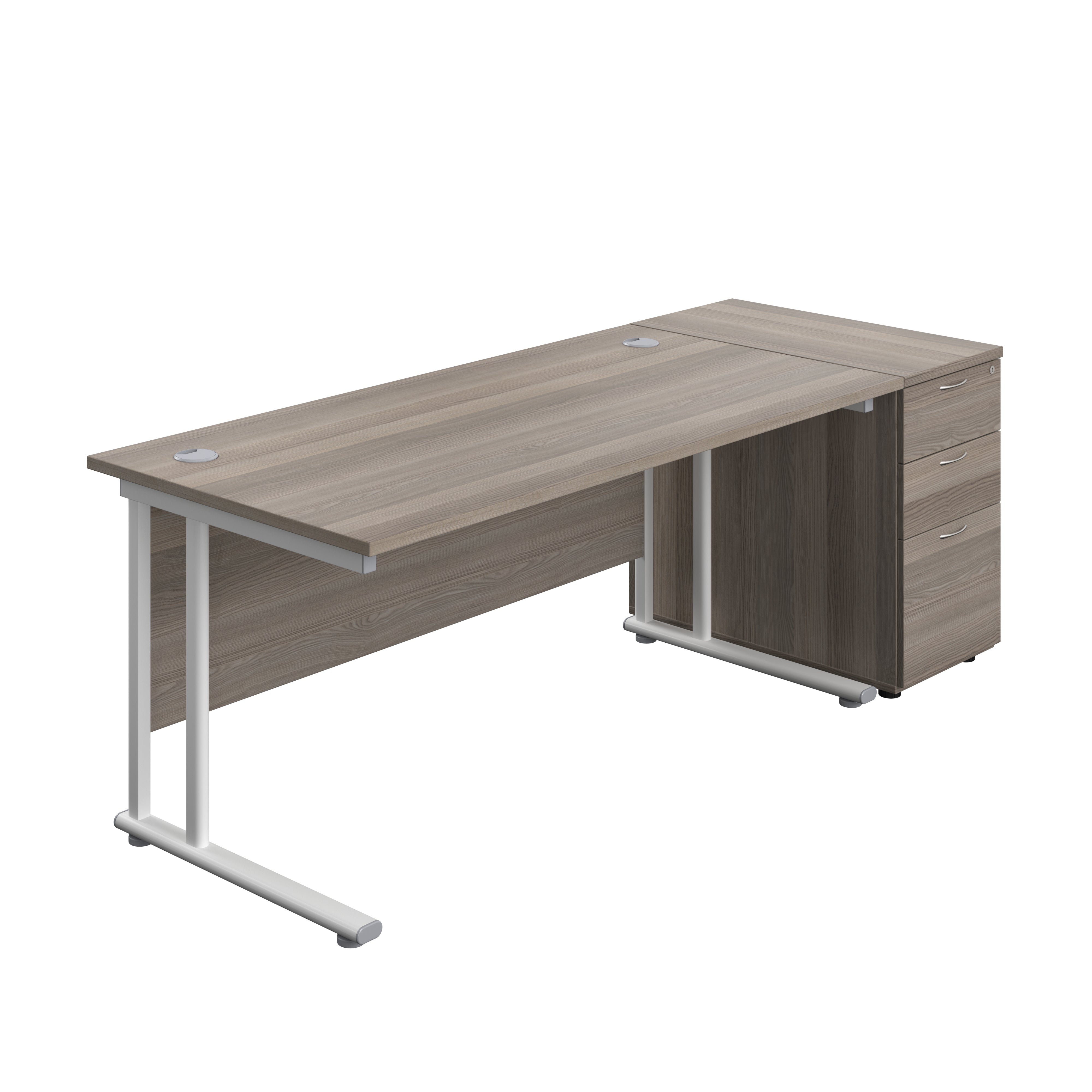 Twin Upright Rectangular Desk + Desk High 3 Drawer Pedestal (FSC) | 1600X800 | Grey Oak/White