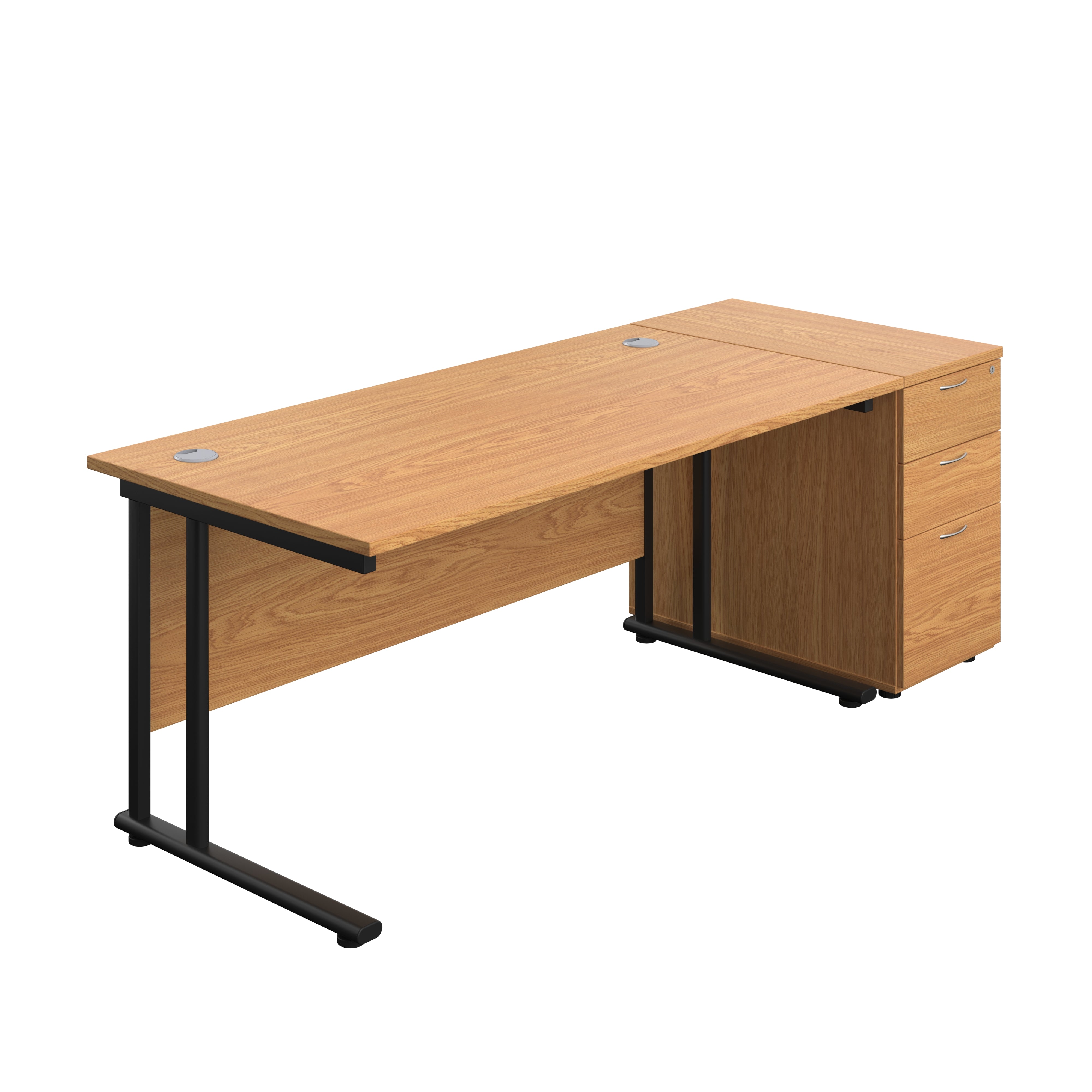 Twin Upright Rectangular Desk + Desk High 3 Drawer Pedestal (FSC) | 1600X800 | Nova Oak/Black