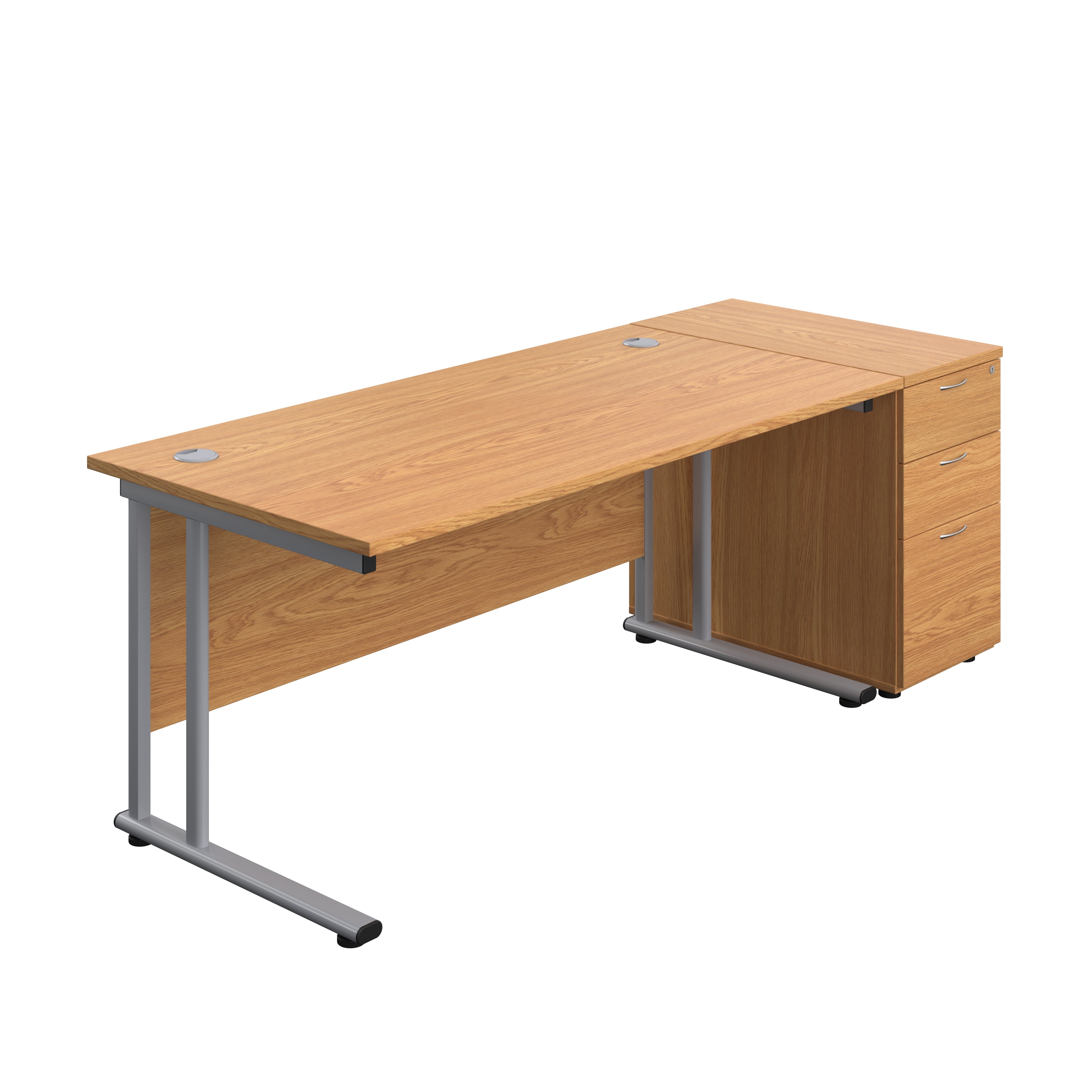 Twin Upright Rectangular Desk + Desk High 3 Drawer Pedestal (FSC) | 1600X800 | Nova Oak/Silver