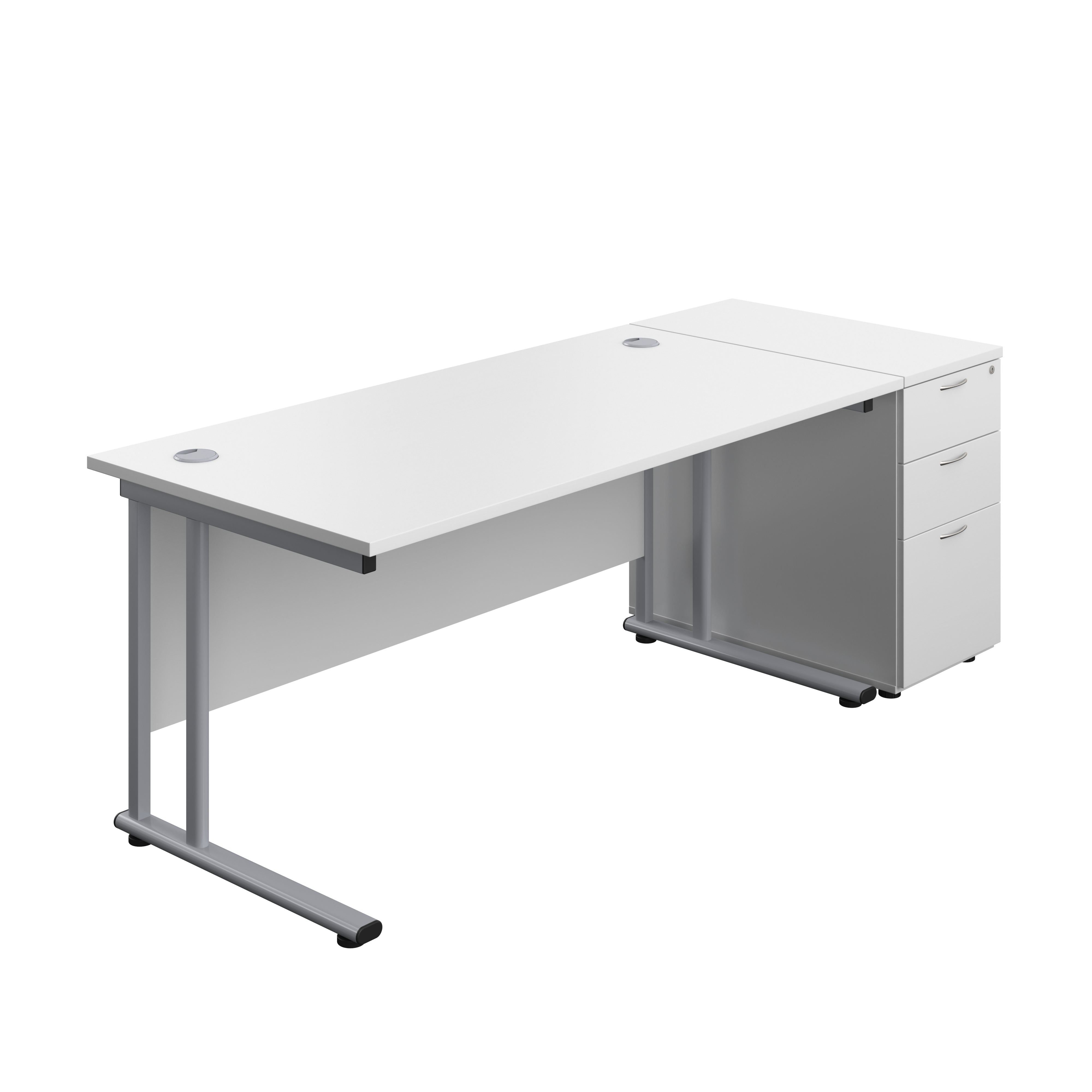 Twin Upright Rectangular Desk + Desk High 3 Drawer Pedestal (FSC) | 1600X800 | White/Silver