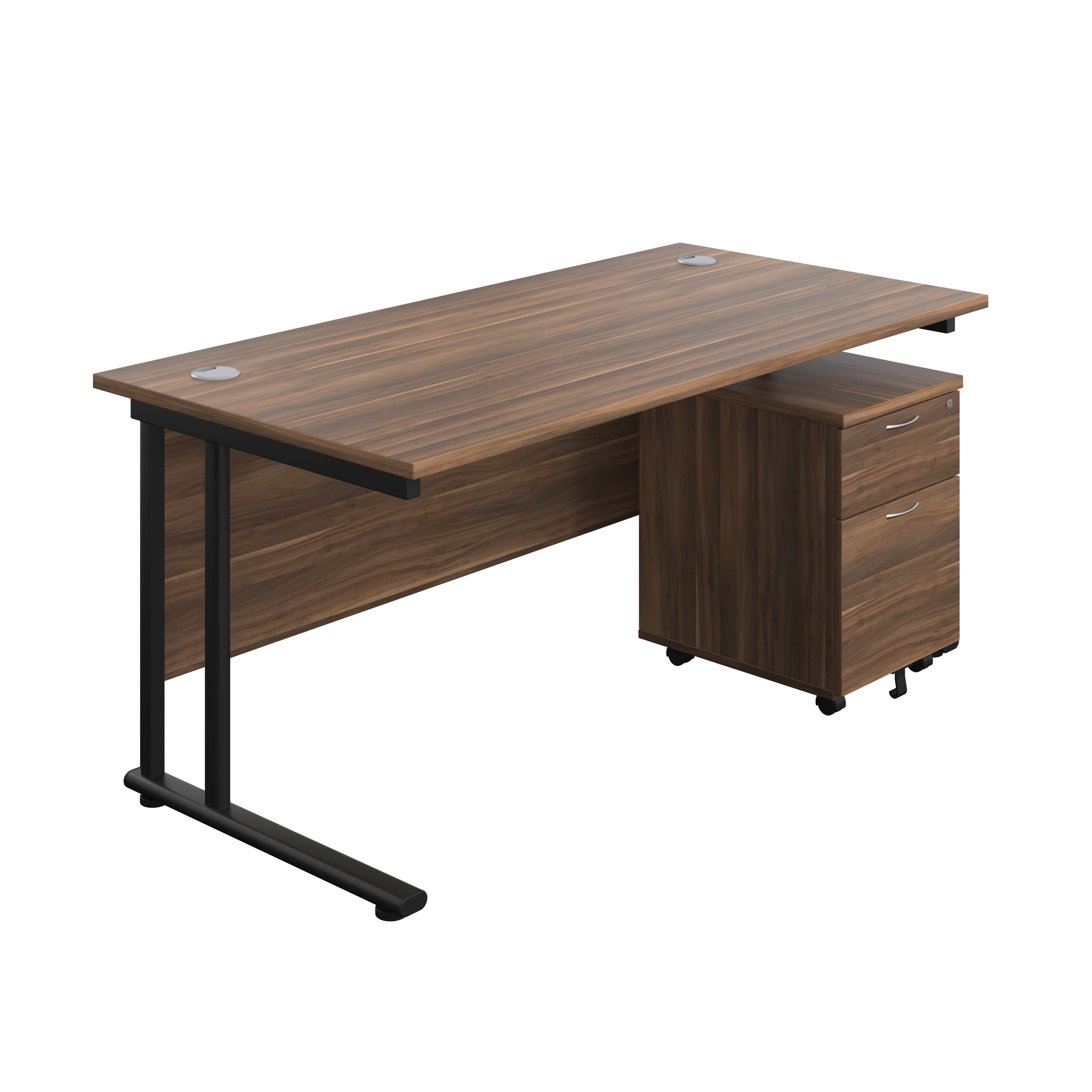 Twin Upright Rectangular Desk + Mobile 2 Drawer Pedestal (FSC) | 1600X800 | Dark Walnut/Black