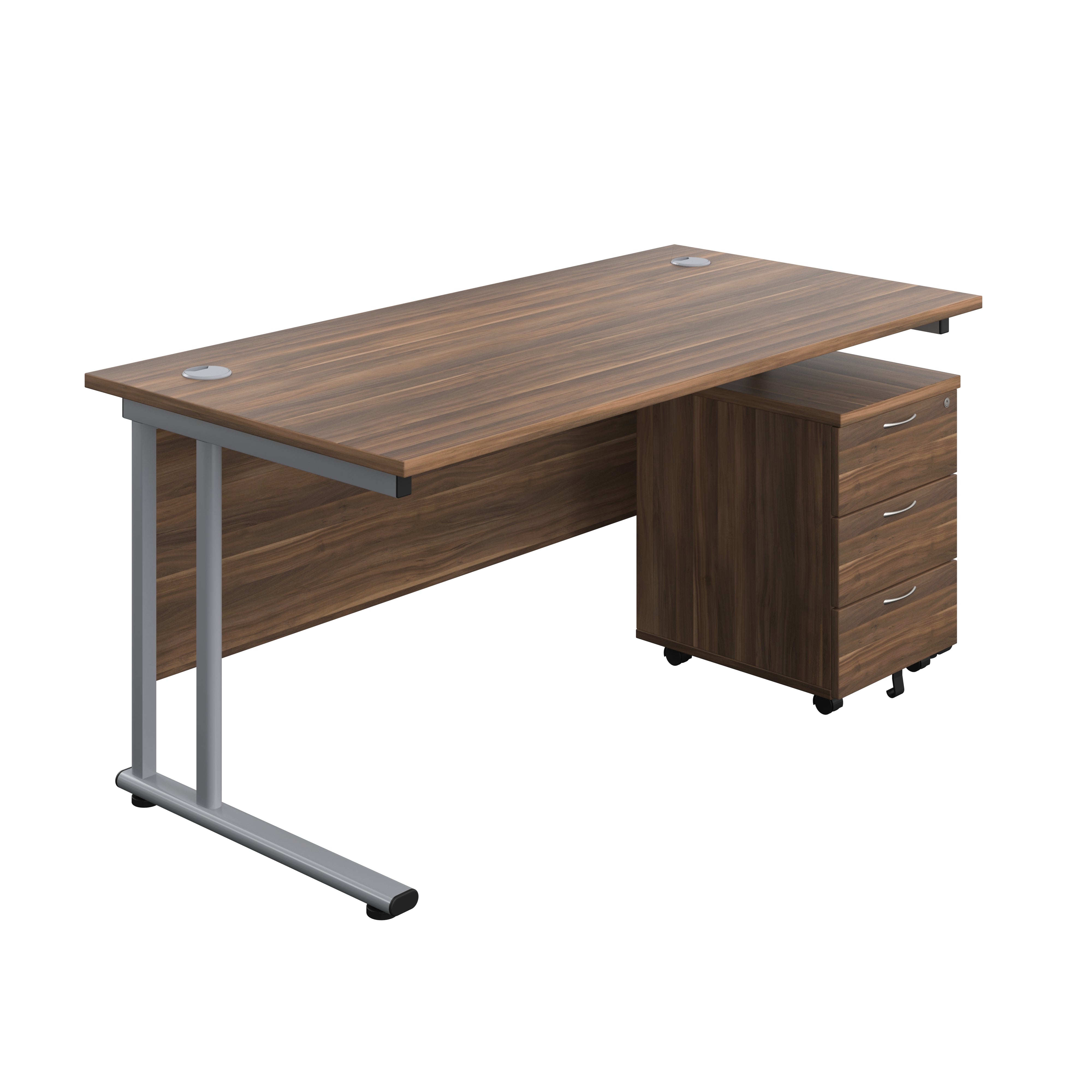 Twin Upright Rectangular Desk + Mobile 3 Drawer Pedestal (FSC) | 1600X800 | Dark Walnut/Silver