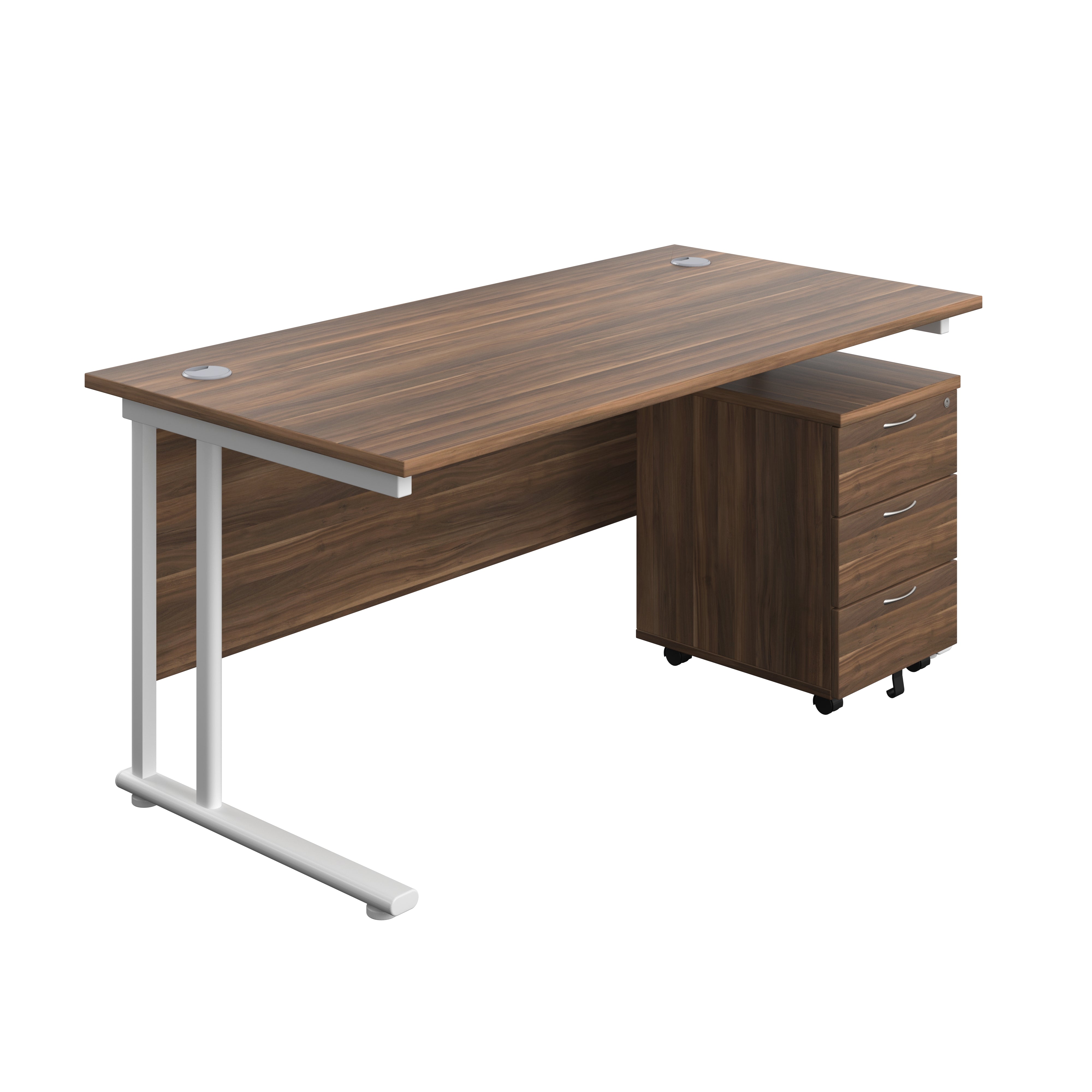 Twin Upright Rectangular Desk + Mobile 3 Drawer Pedestal (FSC) | 1600X800 | Dark Walnut/White