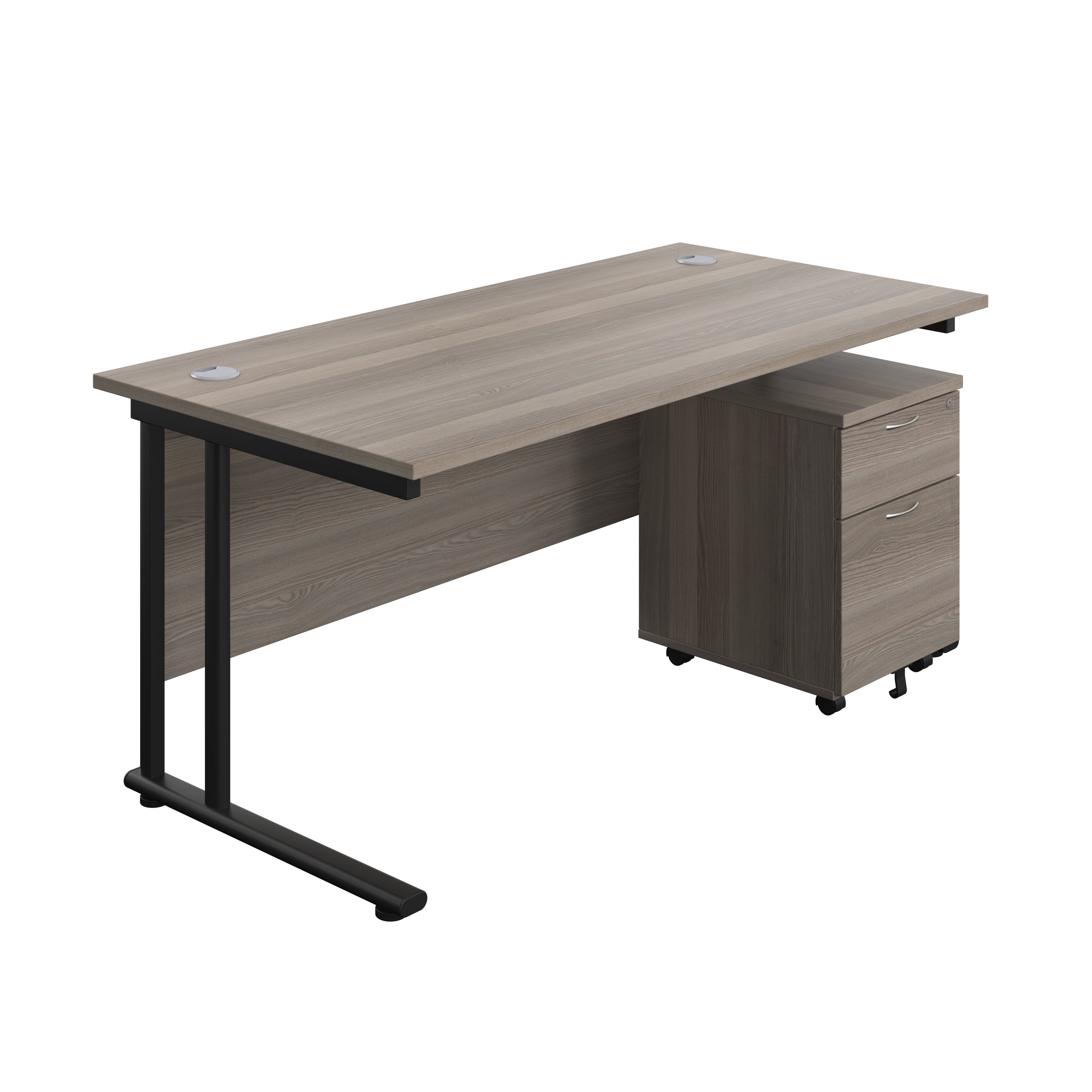 Twin Upright Rectangular Desk + Mobile 2 Drawer Pedestal (FSC) | 1600X800 | Grey Oak/Black