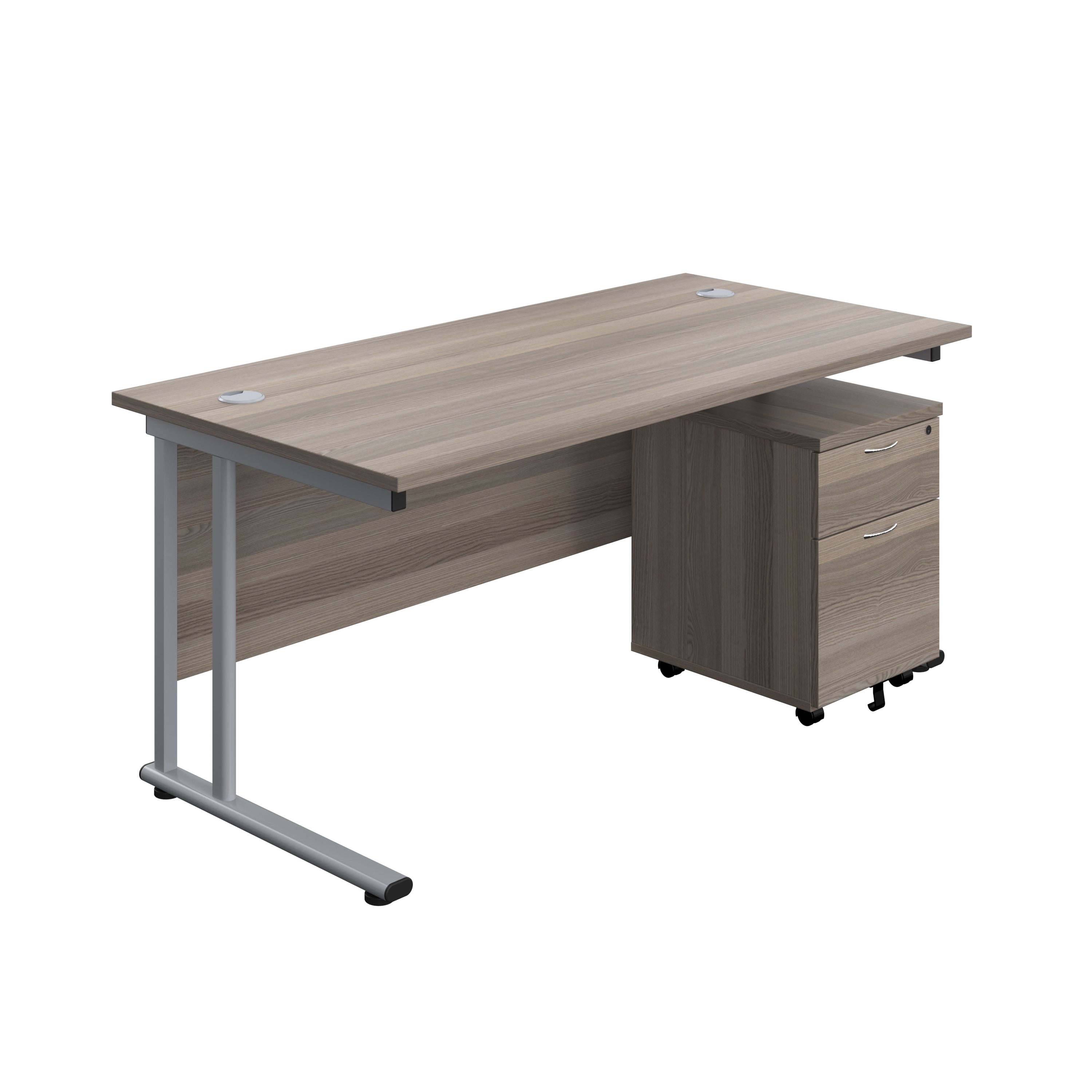 Twin Upright Rectangular Desk + Mobile 2 Drawer Pedestal (FSC) | 1600X800 | Grey Oak/Silver