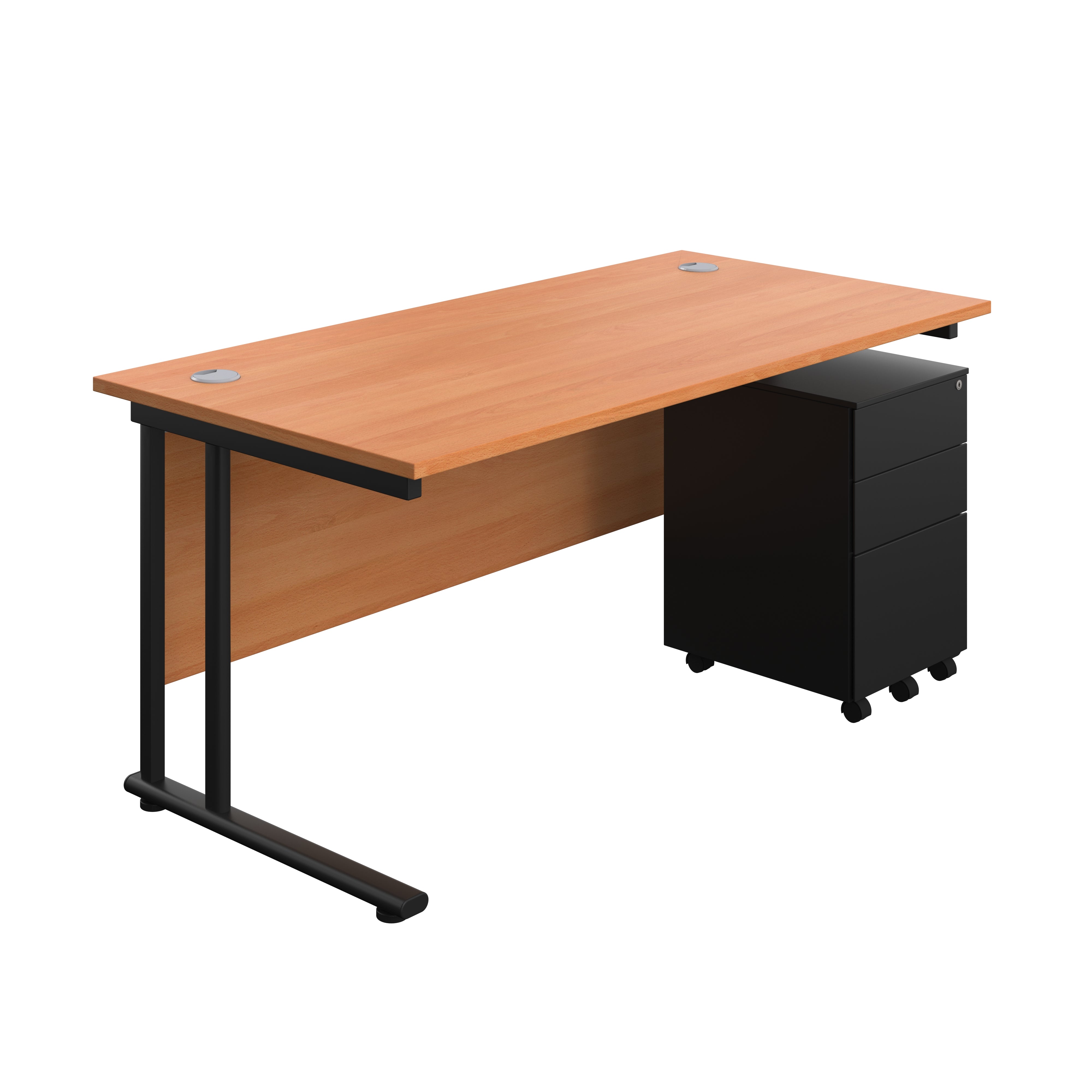 Twin Upright Rectangular Desk + Under Desk Steel Pedestal 3 Drawers (FSC) | 1600X800 | Beech/Black