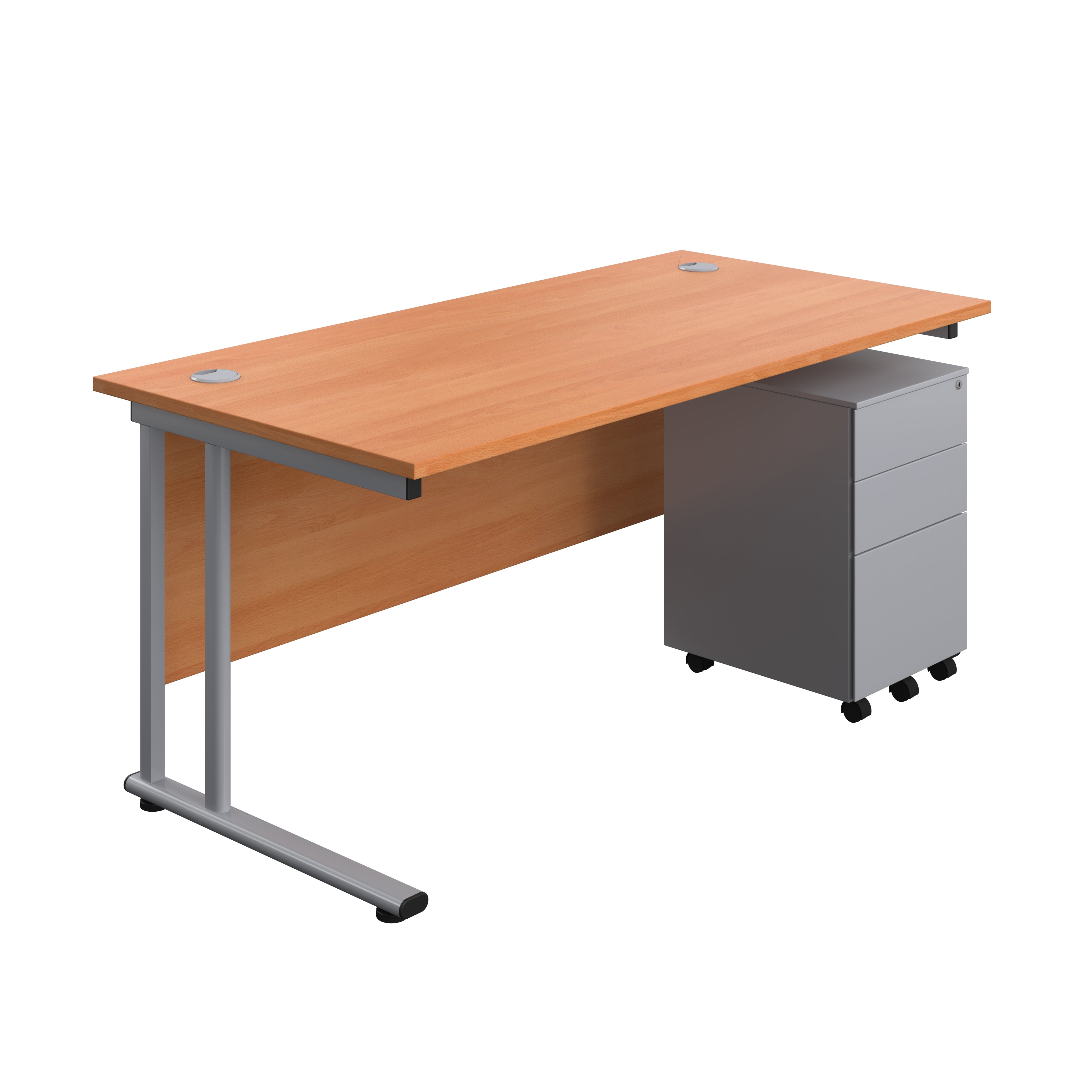 Twin Upright Rectangular Desk + Under Desk Steel Pedestal 3 Drawers (FSC) | 1600X800 | Beech/Silver