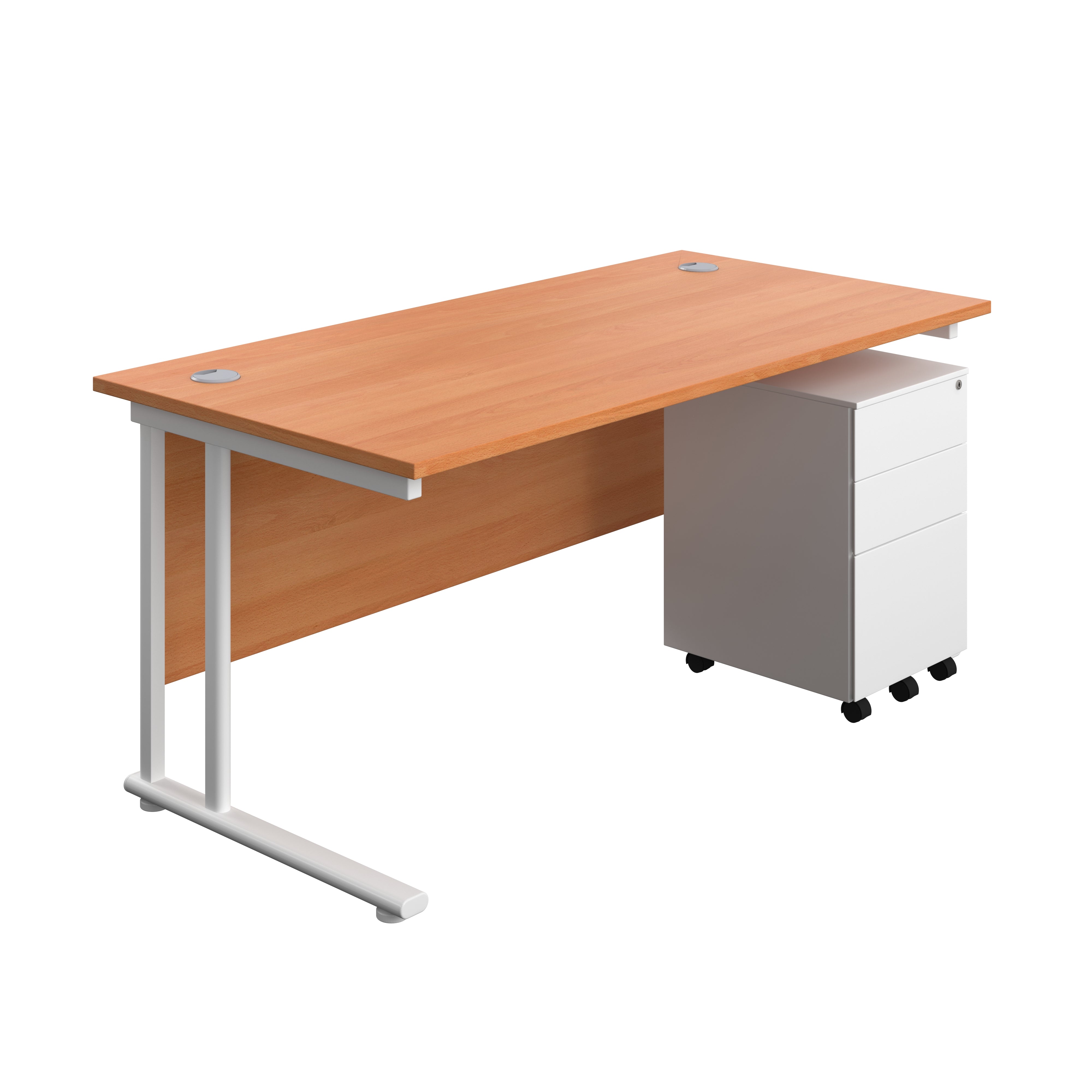Twin Upright Rectangular Desk + Under Desk Steel Pedestal 3 Drawers (FSC) | 1600X800 | Beech/White