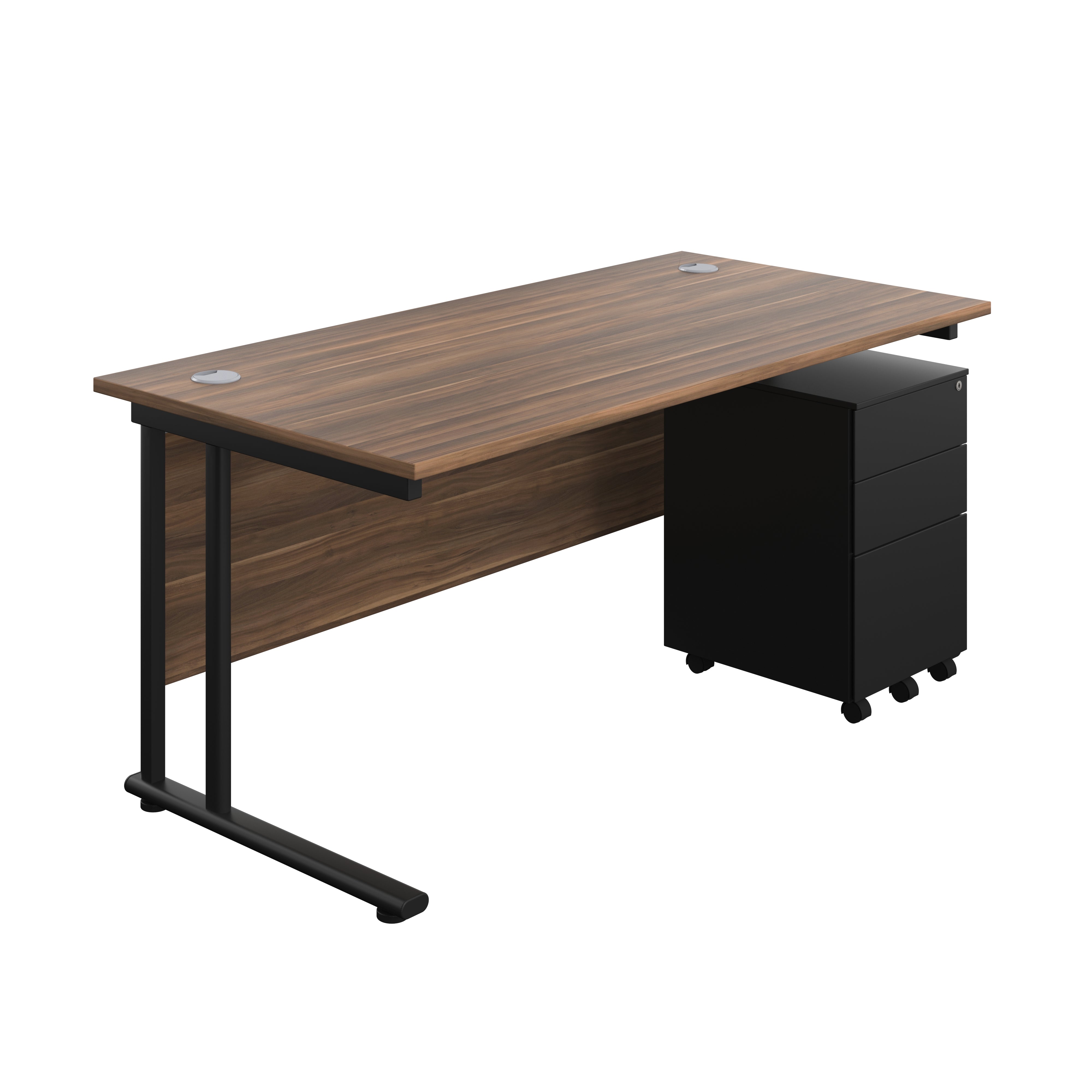 Twin Upright Rectangular Desk + Under Desk Steel Pedestal 3 Drawers (FSC) | 1600X800 | Dark Walnut/Black