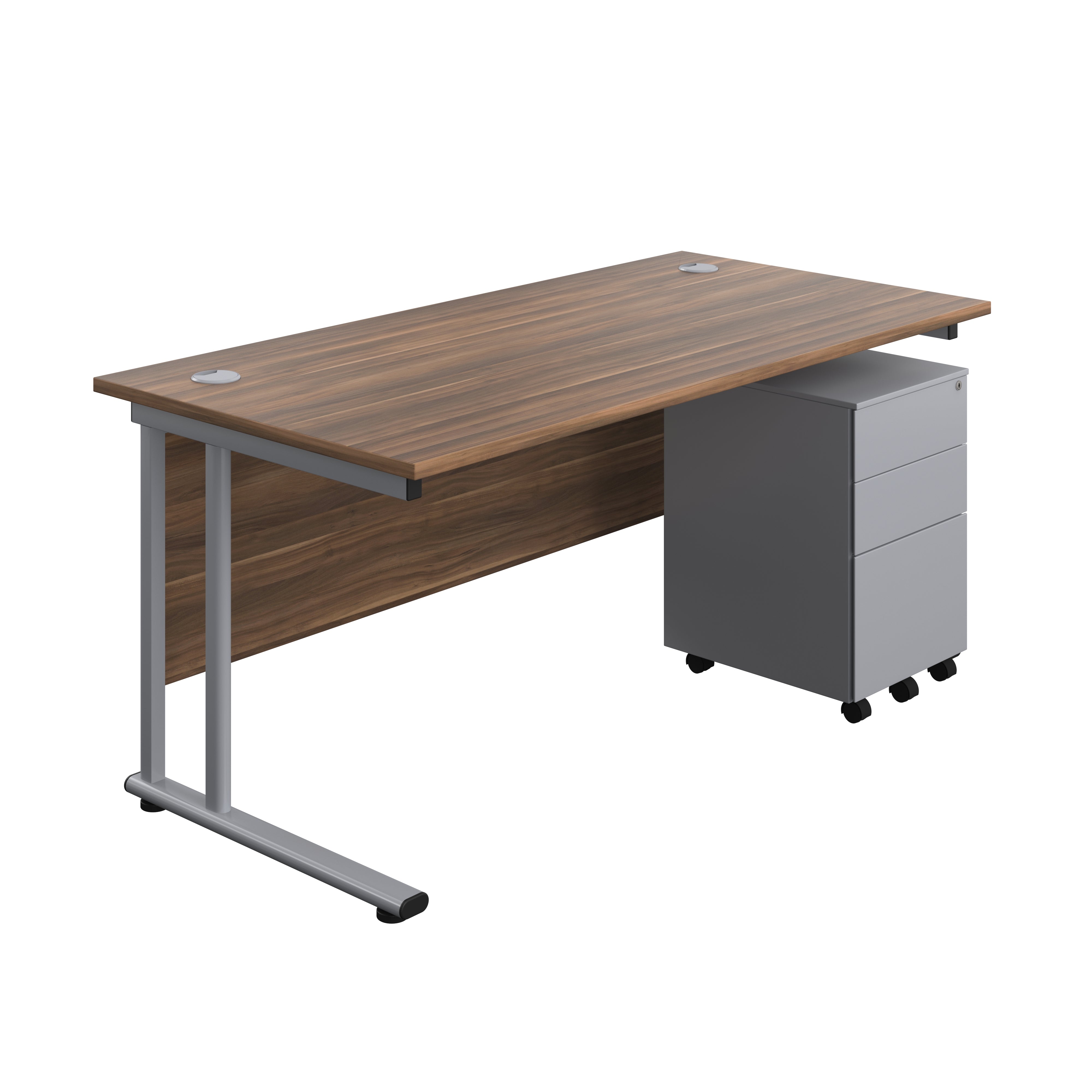 Twin Upright Rectangular Desk + Under Desk Steel Pedestal 3 Drawers (FSC) | 1600X800 | Dark Walnut/Silver