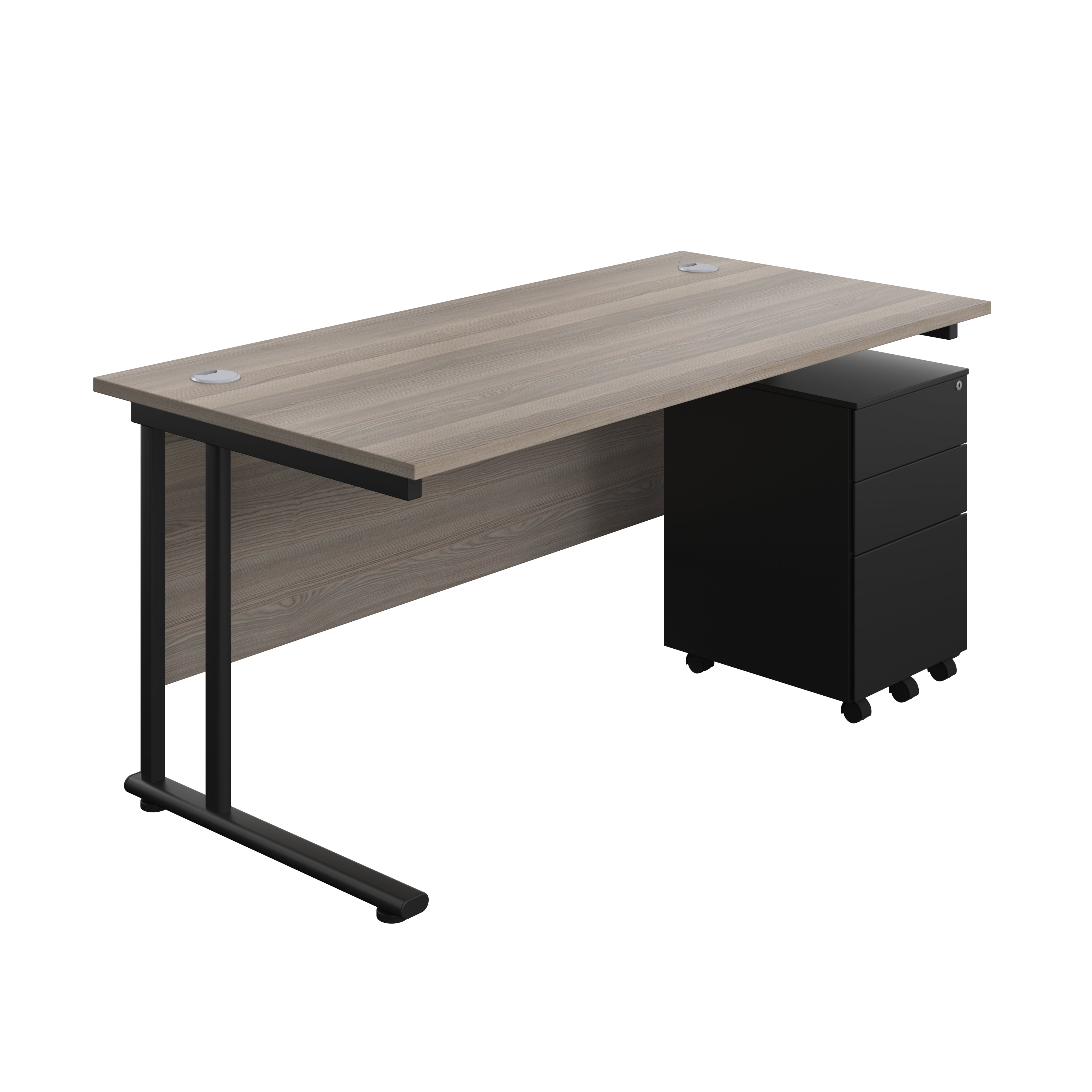 Twin Upright Rectangular Desk + Under Desk Steel Pedestal 3 Drawers (FSC) | 1600X800 | Grey Oak/Black