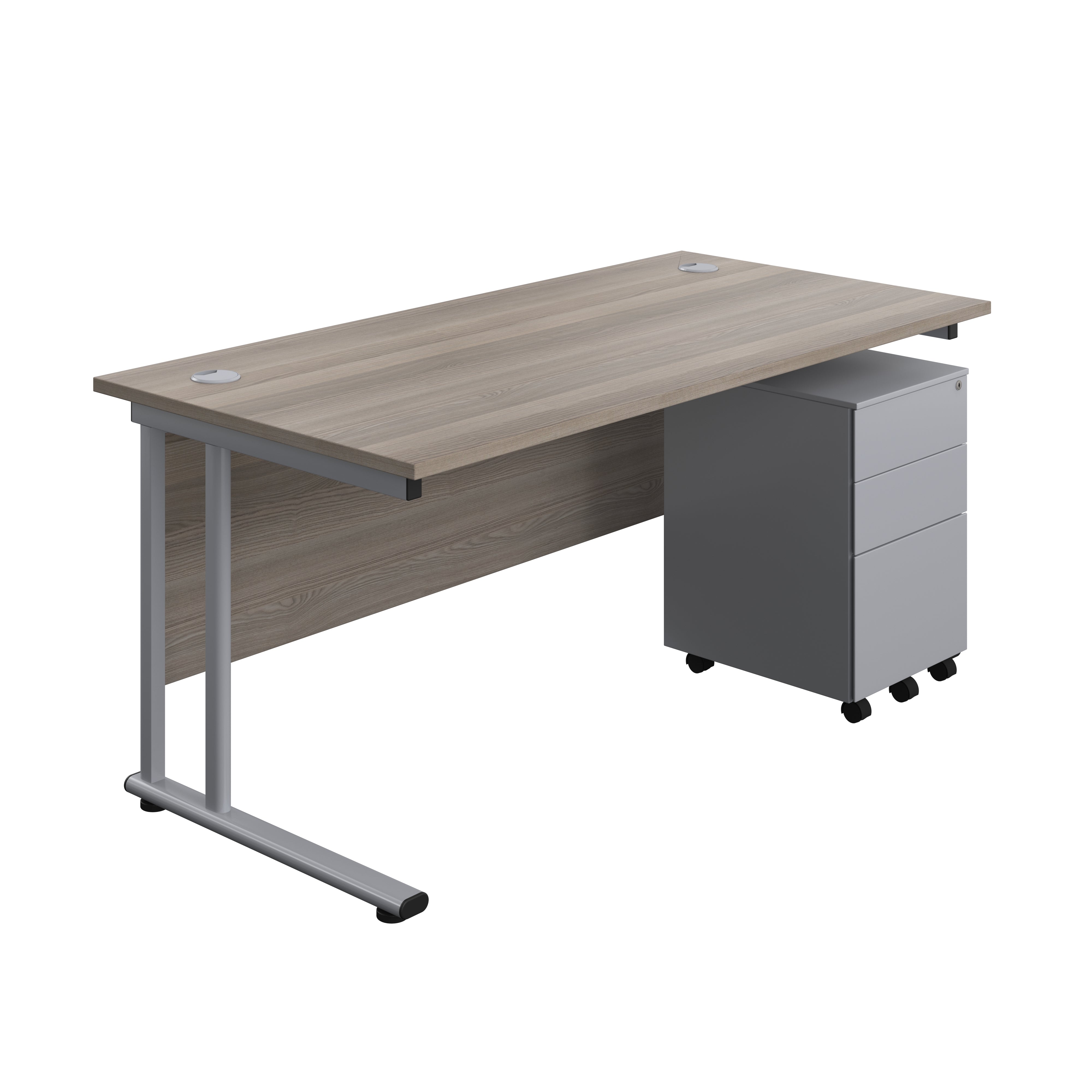 Twin Upright Rectangular Desk + Under Desk Steel Pedestal 3 Drawers (FSC) | 1600X800 | Grey Oak/Silver