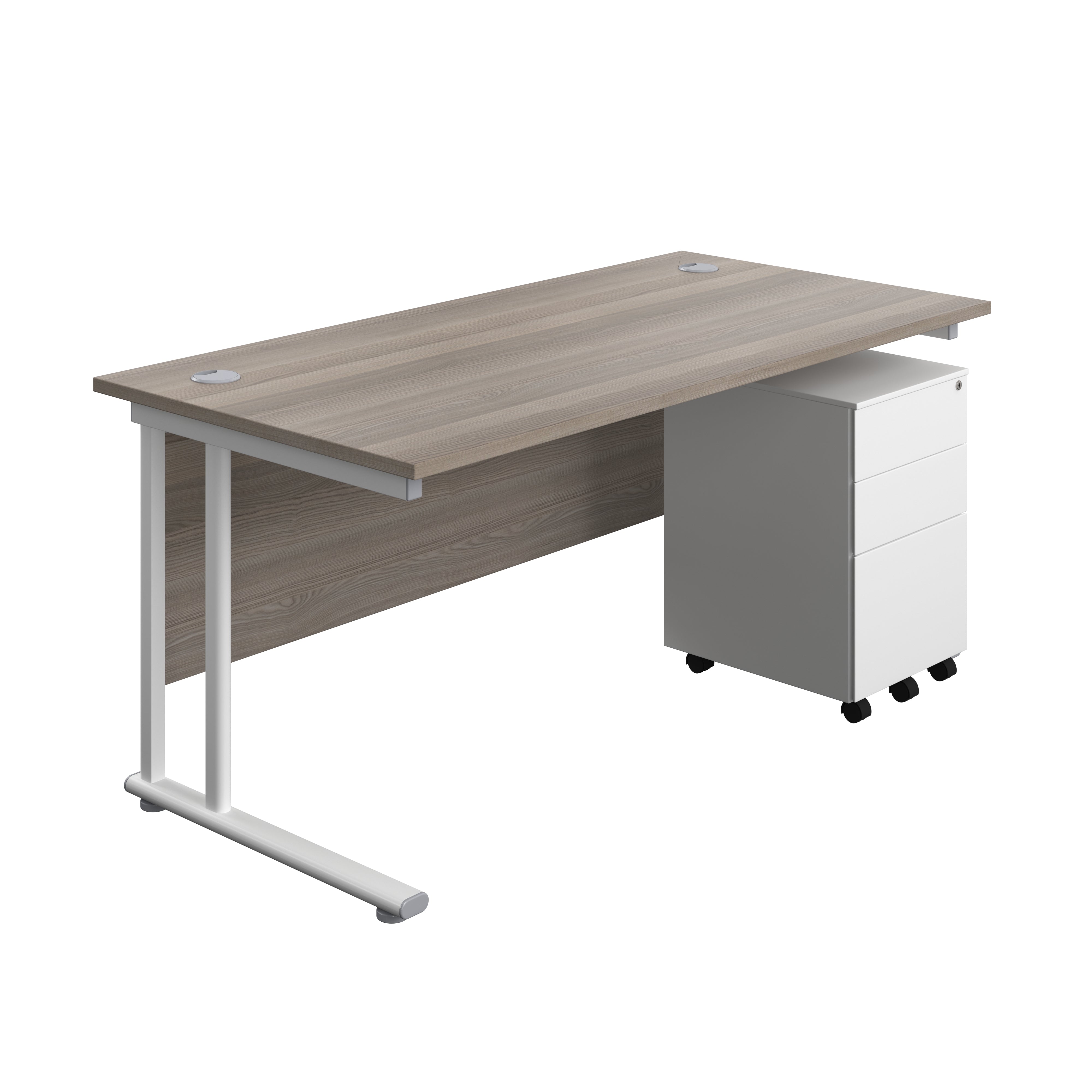 Twin Upright Rectangular Desk + Under Desk Steel Pedestal 3 Drawers (FSC) | 1600X800 | Grey Oak/White