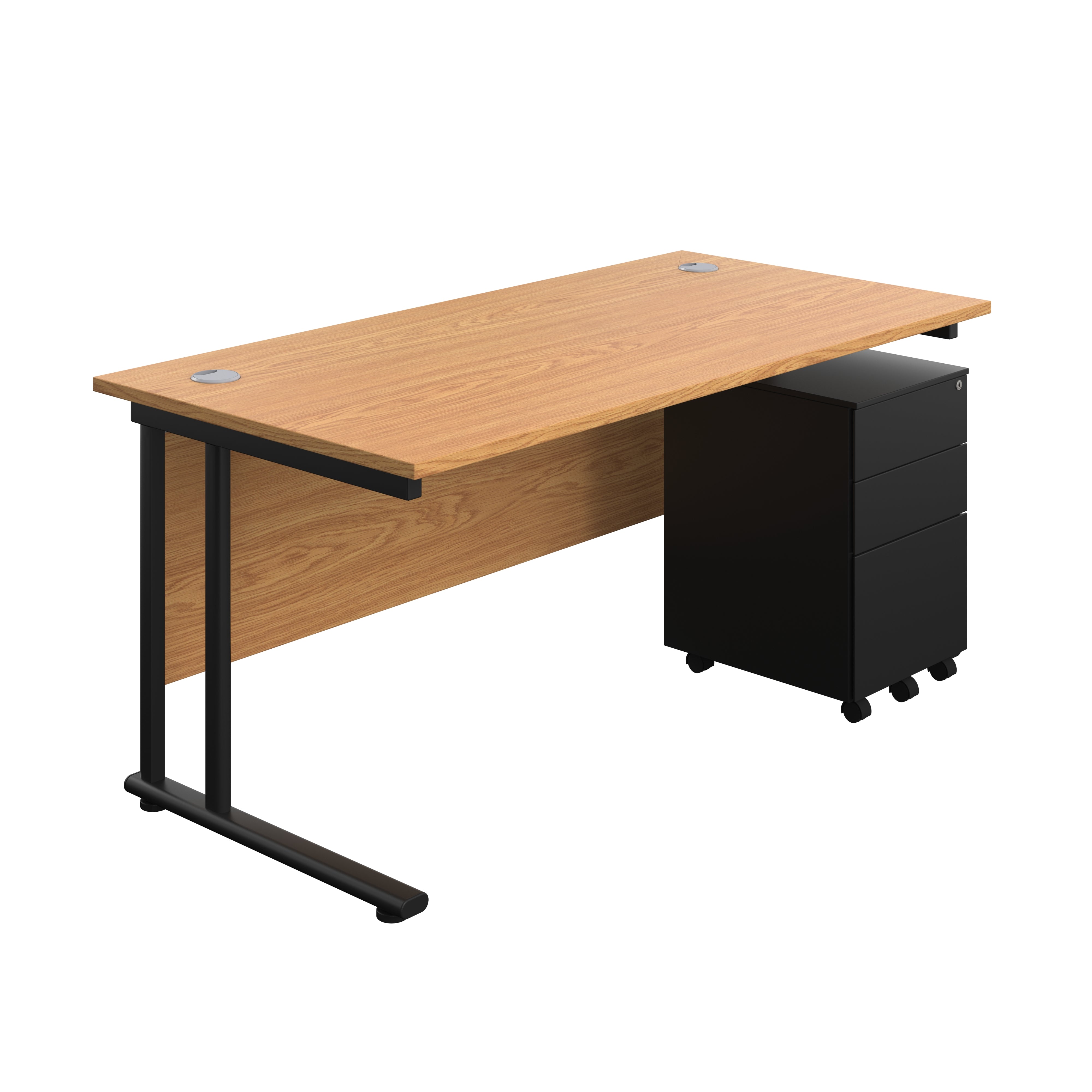 Twin Upright Rectangular Desk + Under Desk Steel Pedestal 3 Drawers (FSC) | 1600X800 | Nova Oak/Black