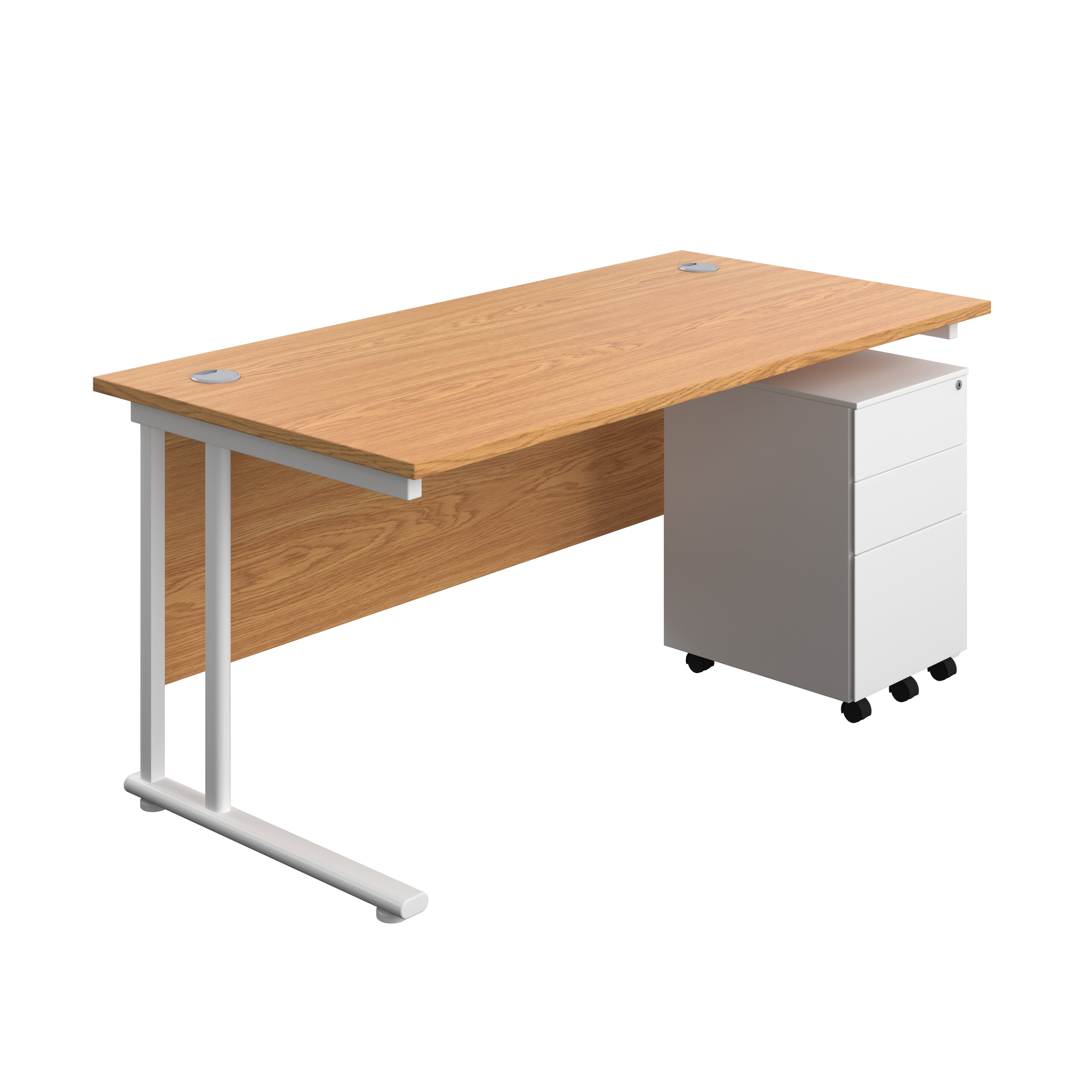 Twin Upright Rectangular Desk + Under Desk Steel Pedestal 3 Drawers (FSC) | 1600X800 | Nova Oak/White