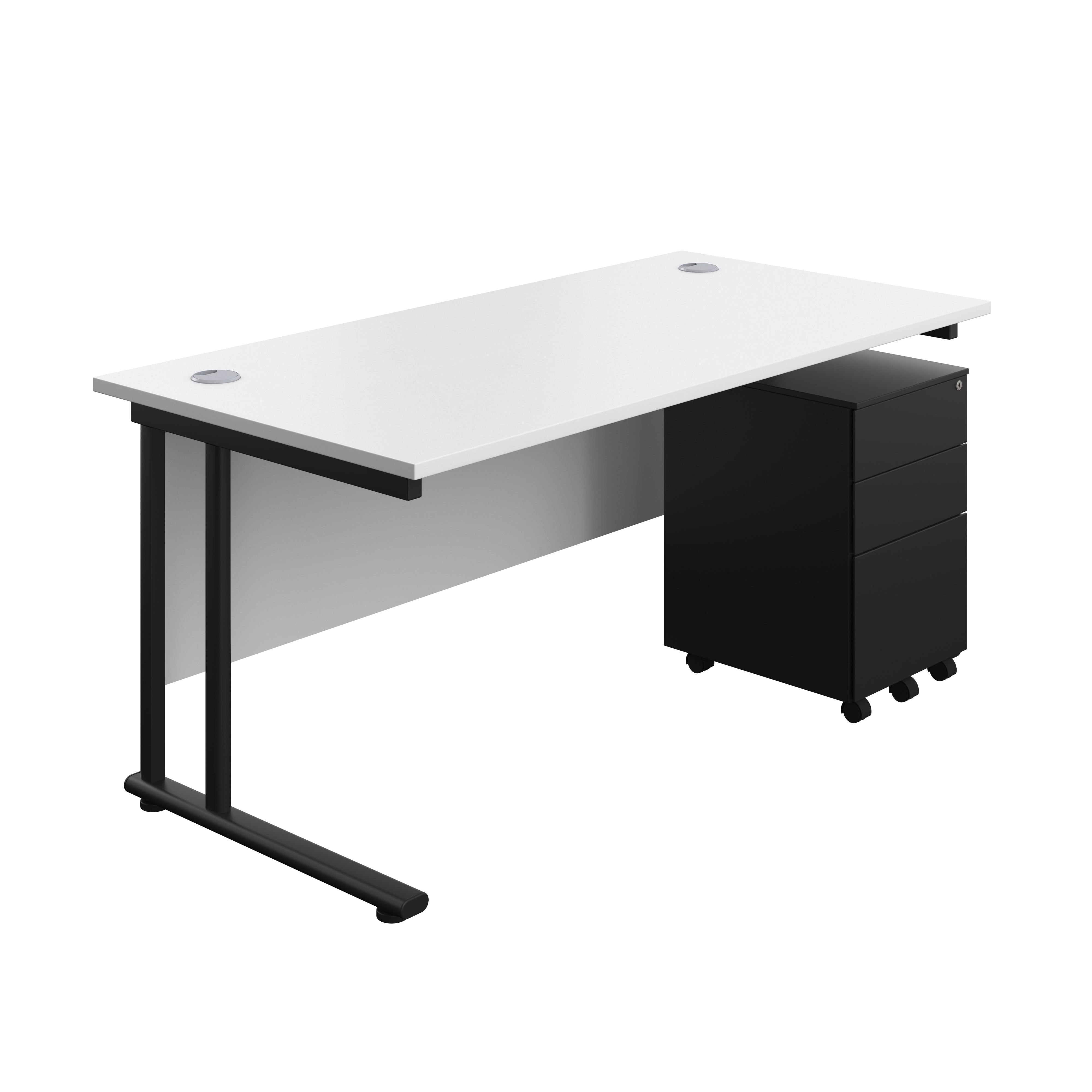 Twin Upright Rectangular Desk + Under Desk Steel Pedestal 3 Drawers (FSC) | 1600X800 | White/Black