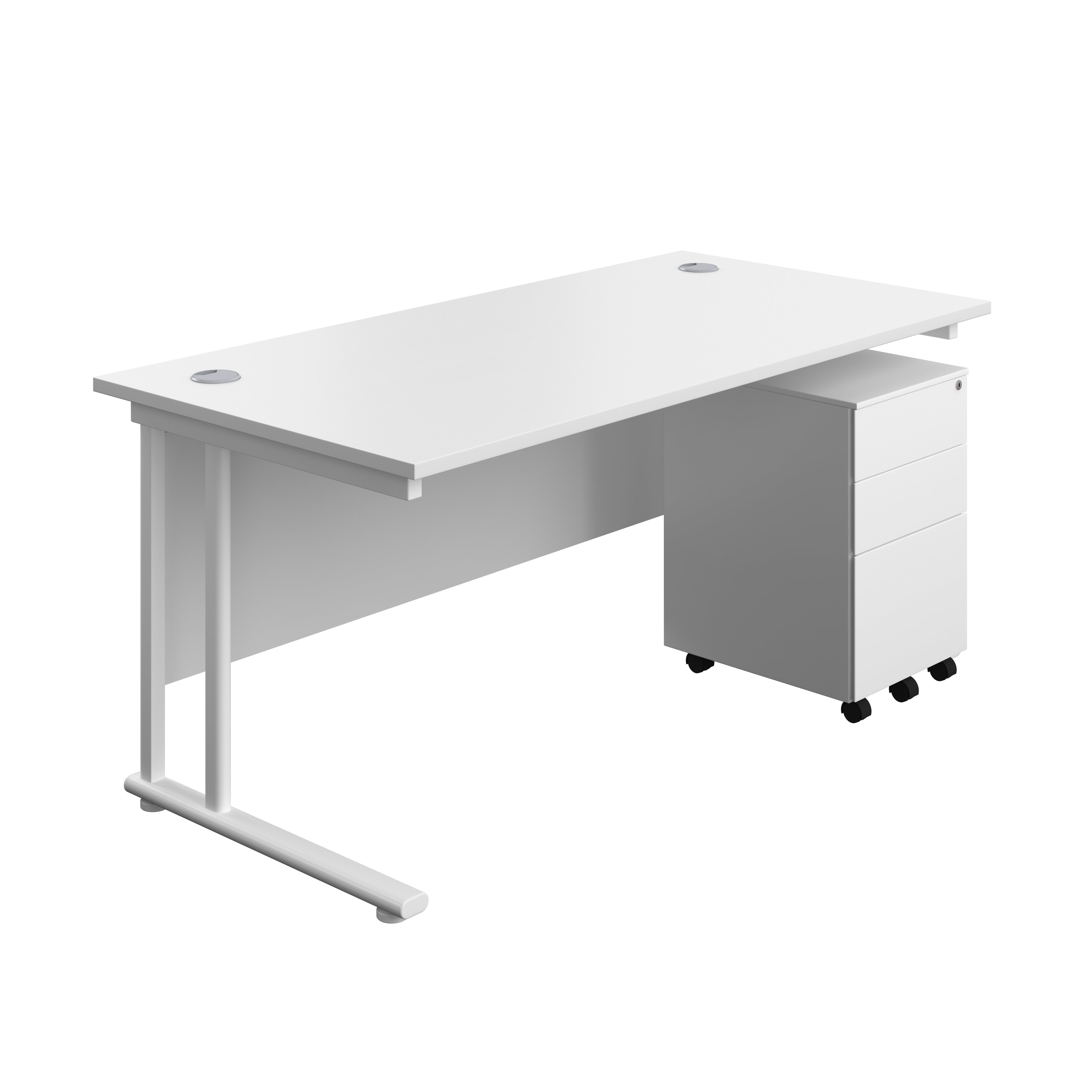 Twin Upright Rectangular Desk + Under Desk Steel Pedestal 3 Drawers (FSC) | 1600X800 | White/White