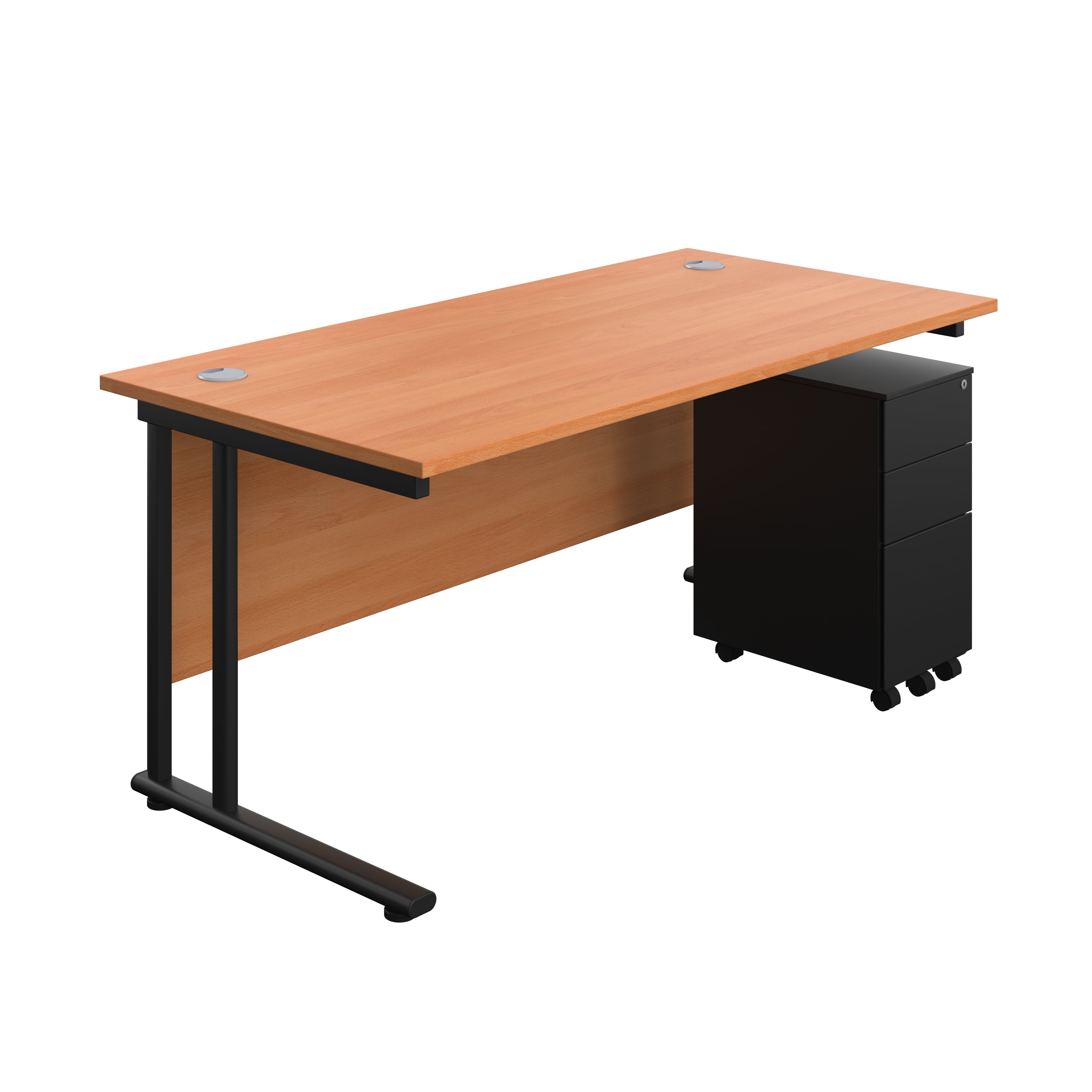 Twin Upright Rectangular Desk + Slimline Steel Pedestal 3 Drawers (FSC) | 1600X800 | Beech/Black