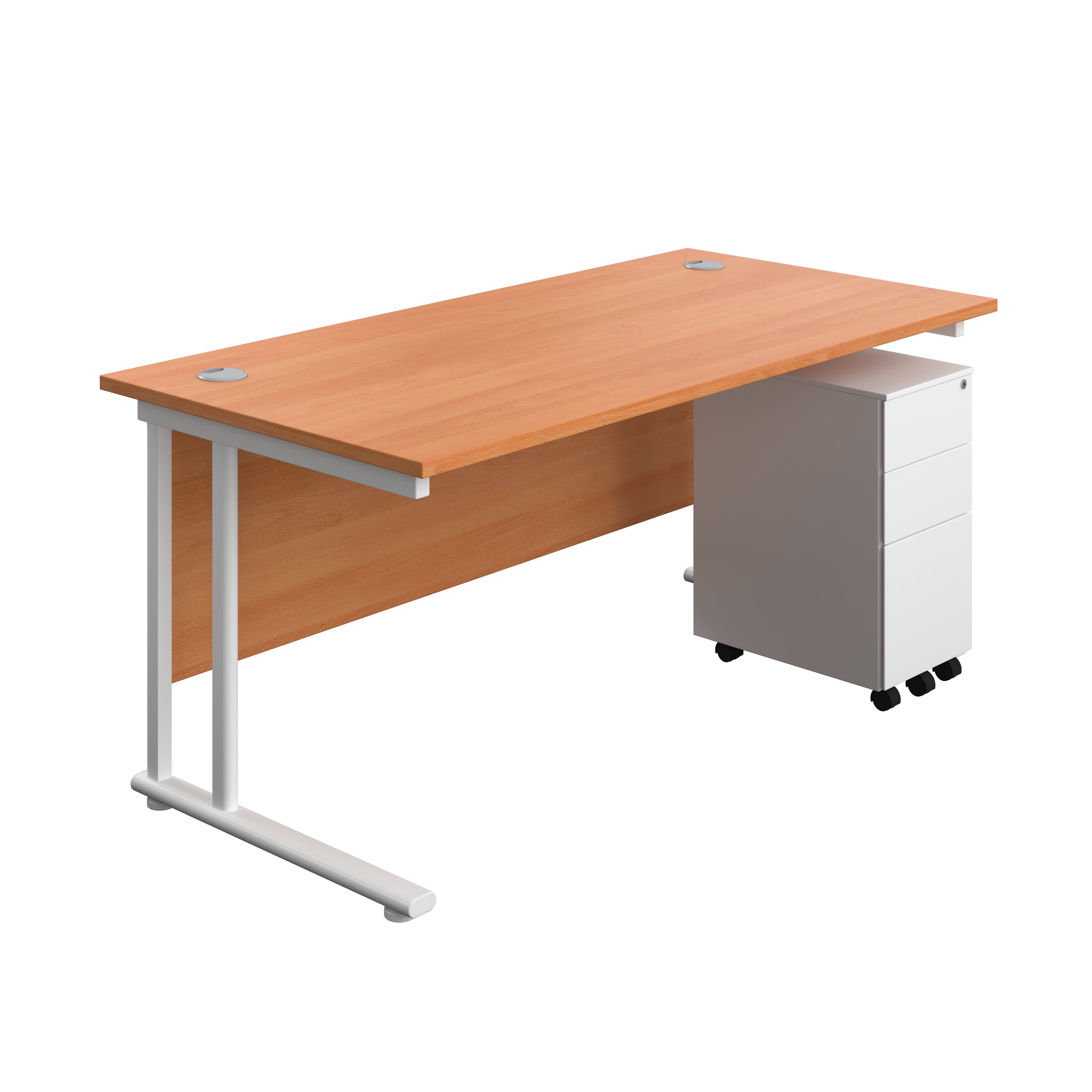 Twin Upright Rectangular Desk + Slimline Steel Pedestal 3 Drawers (FSC) | 1600X800 | Beech/White