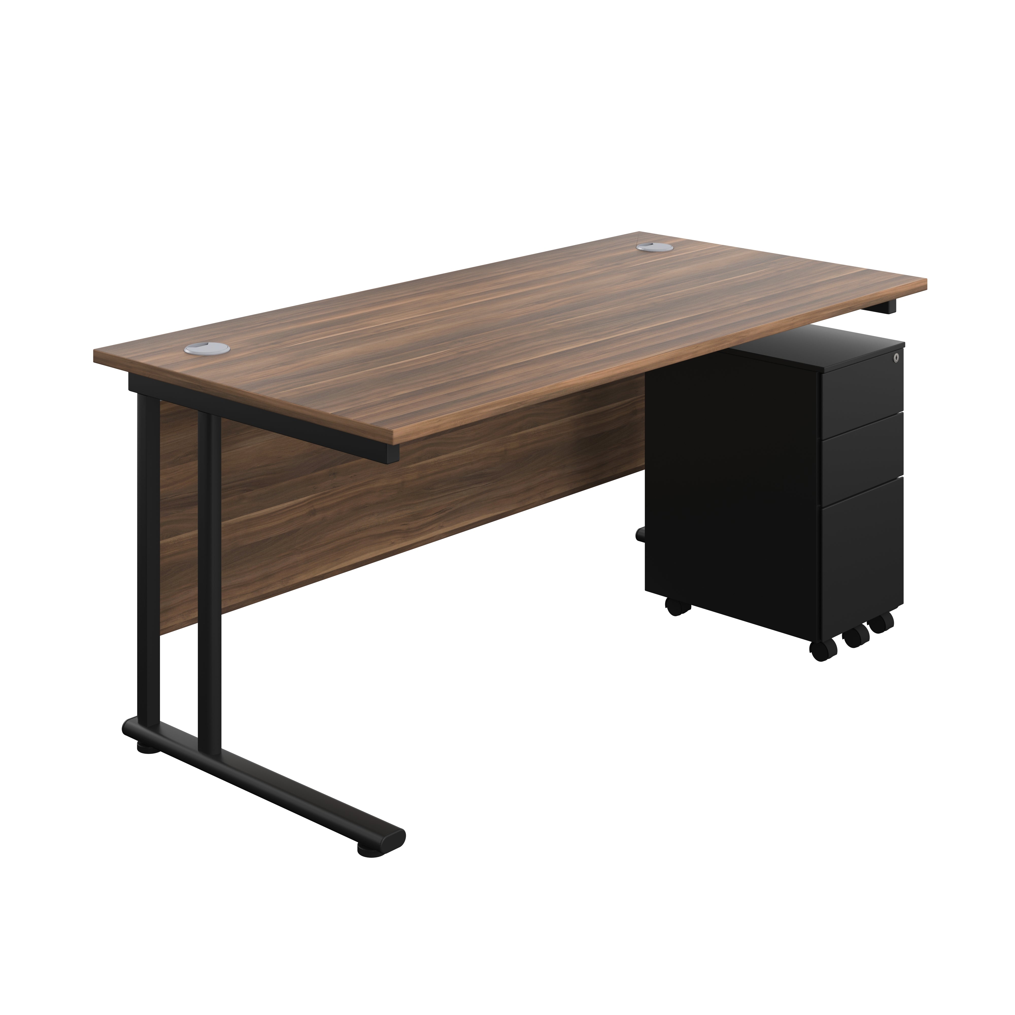 Twin Upright Rectangular Desk + Slimline Steel Pedestal 3 Drawers (FSC) | 1600X800 | Dark Walnut/Black