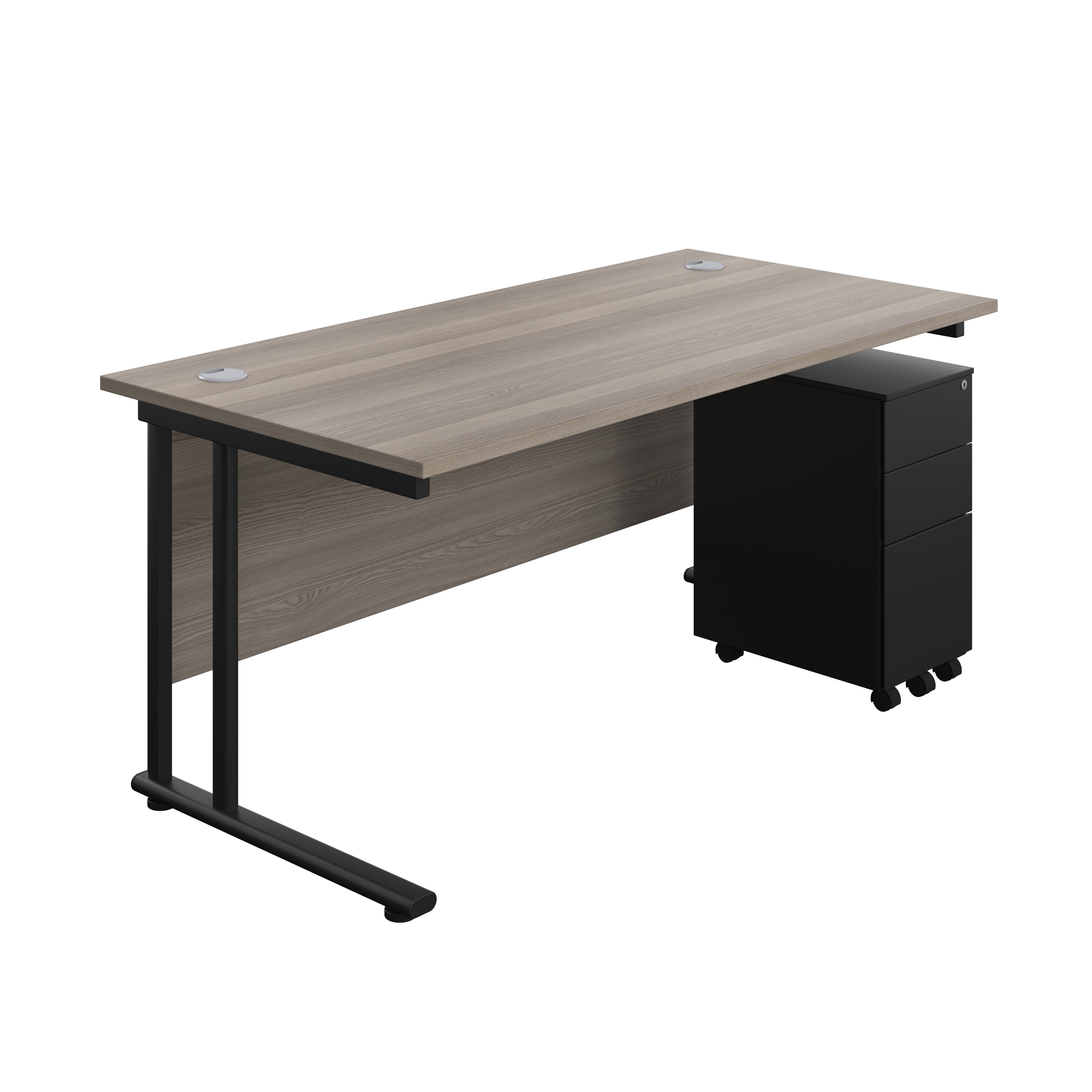 Twin Upright Rectangular Desk + Slimline Steel Pedestal 3 Drawers (FSC) | 1600X800 | Grey Oak/Black
