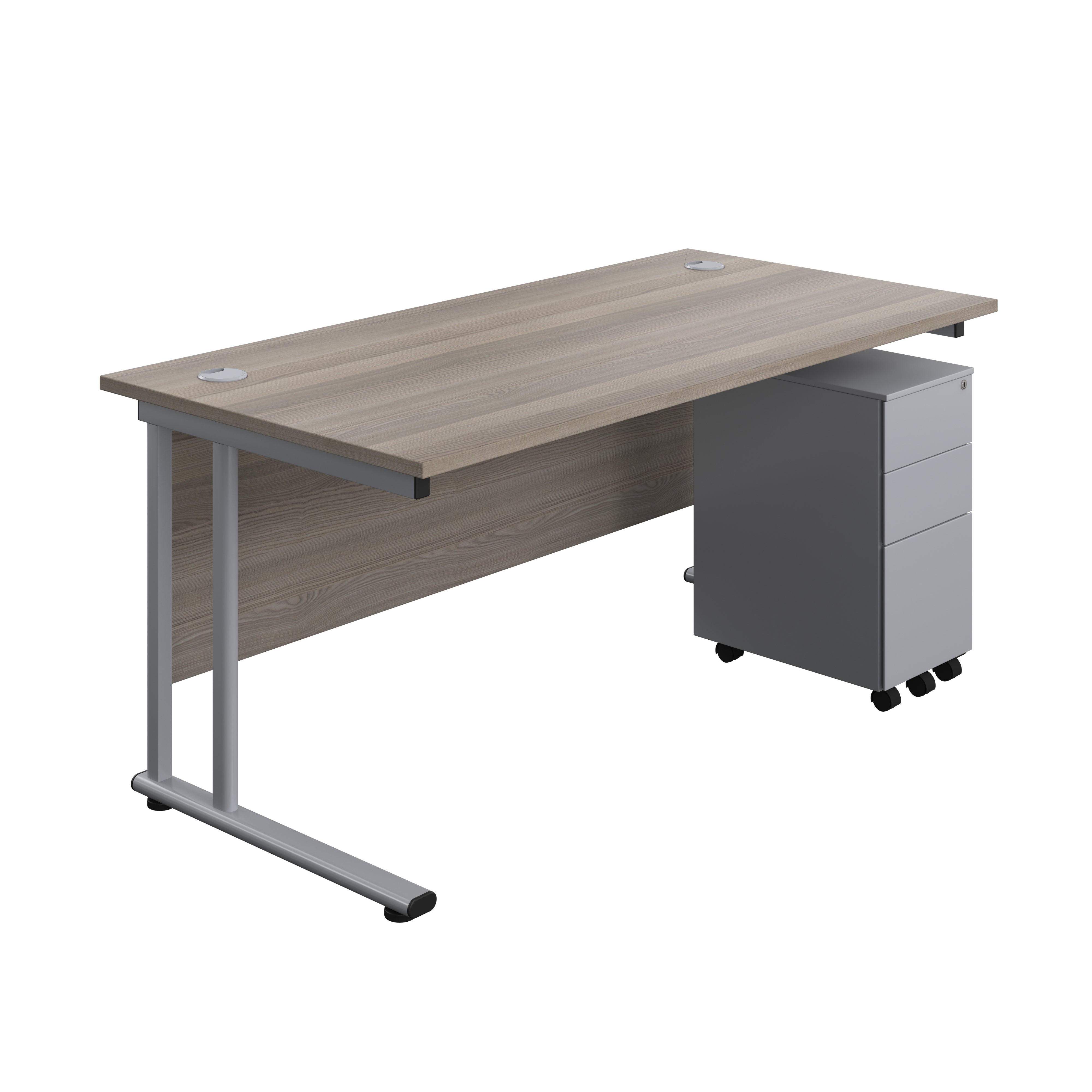 Twin Upright Rectangular Desk + Slimline Steel Pedestal 3 Drawers (FSC) | 1600X800 | Grey Oak/Silver