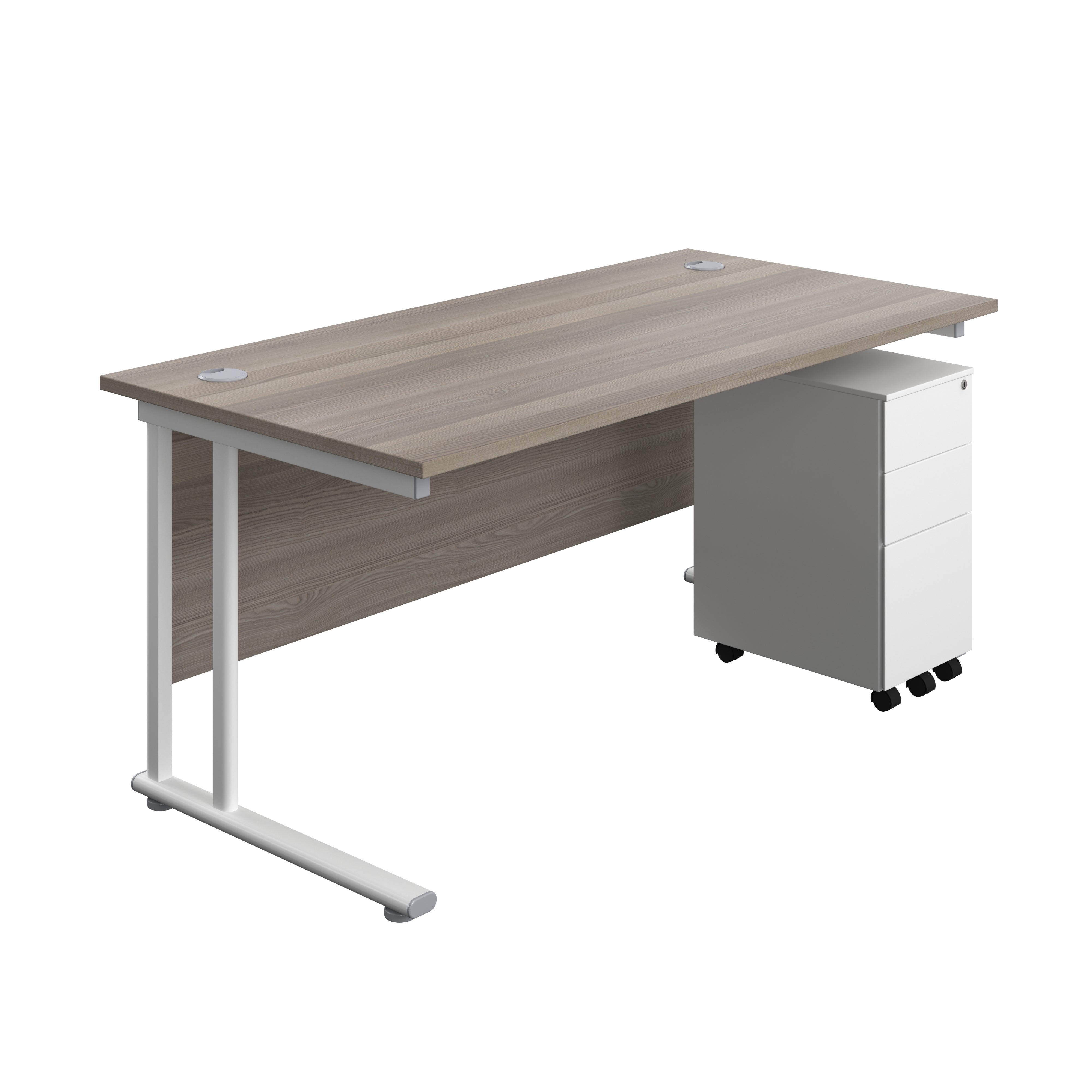Twin Upright Rectangular Desk + Slimline Steel Pedestal 3 Drawers (FSC) | 1600X800 | Grey Oak/White