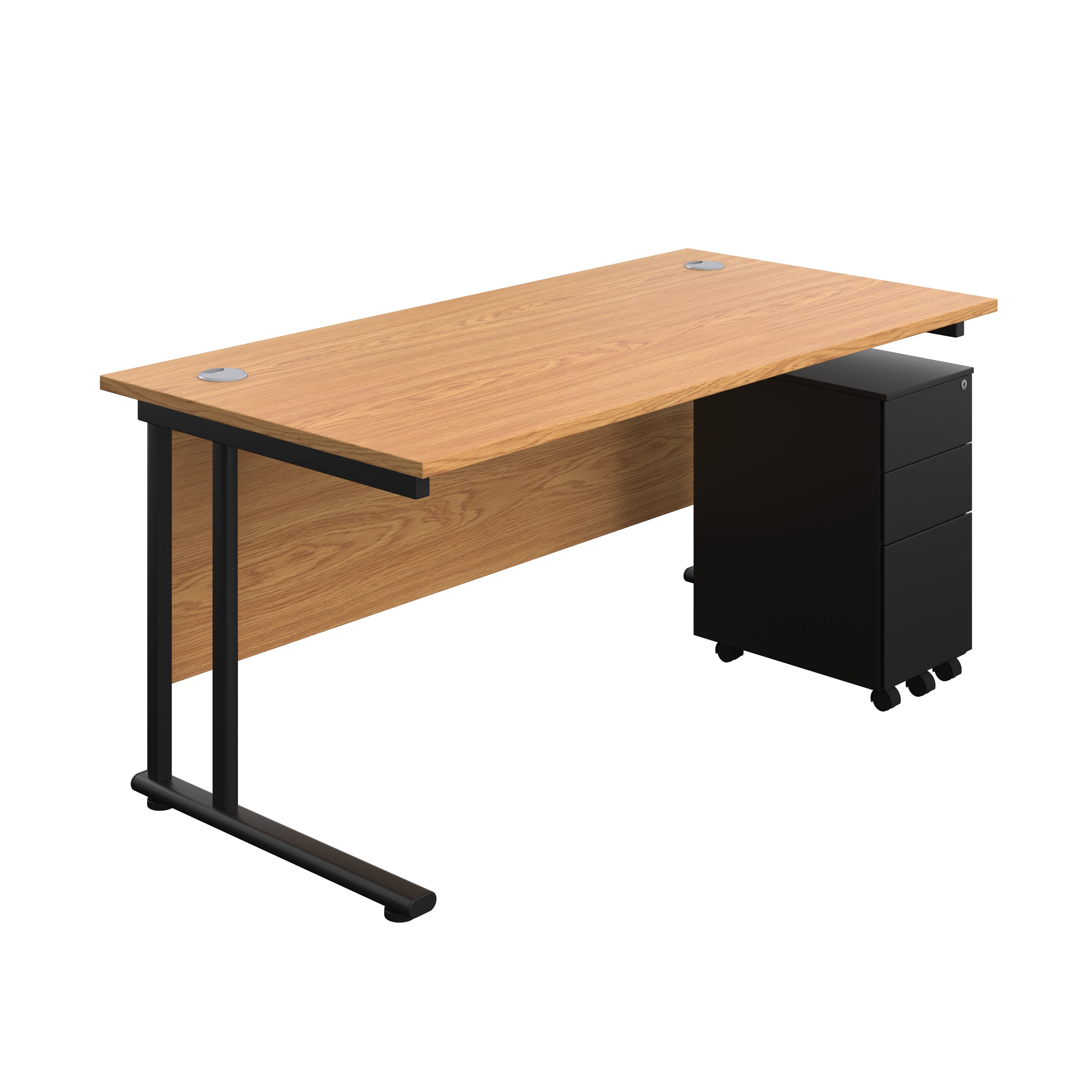 Twin Upright Rectangular Desk + Slimline Steel Pedestal 3 Drawers (FSC) | 1600X800 | Nova Oak/Black