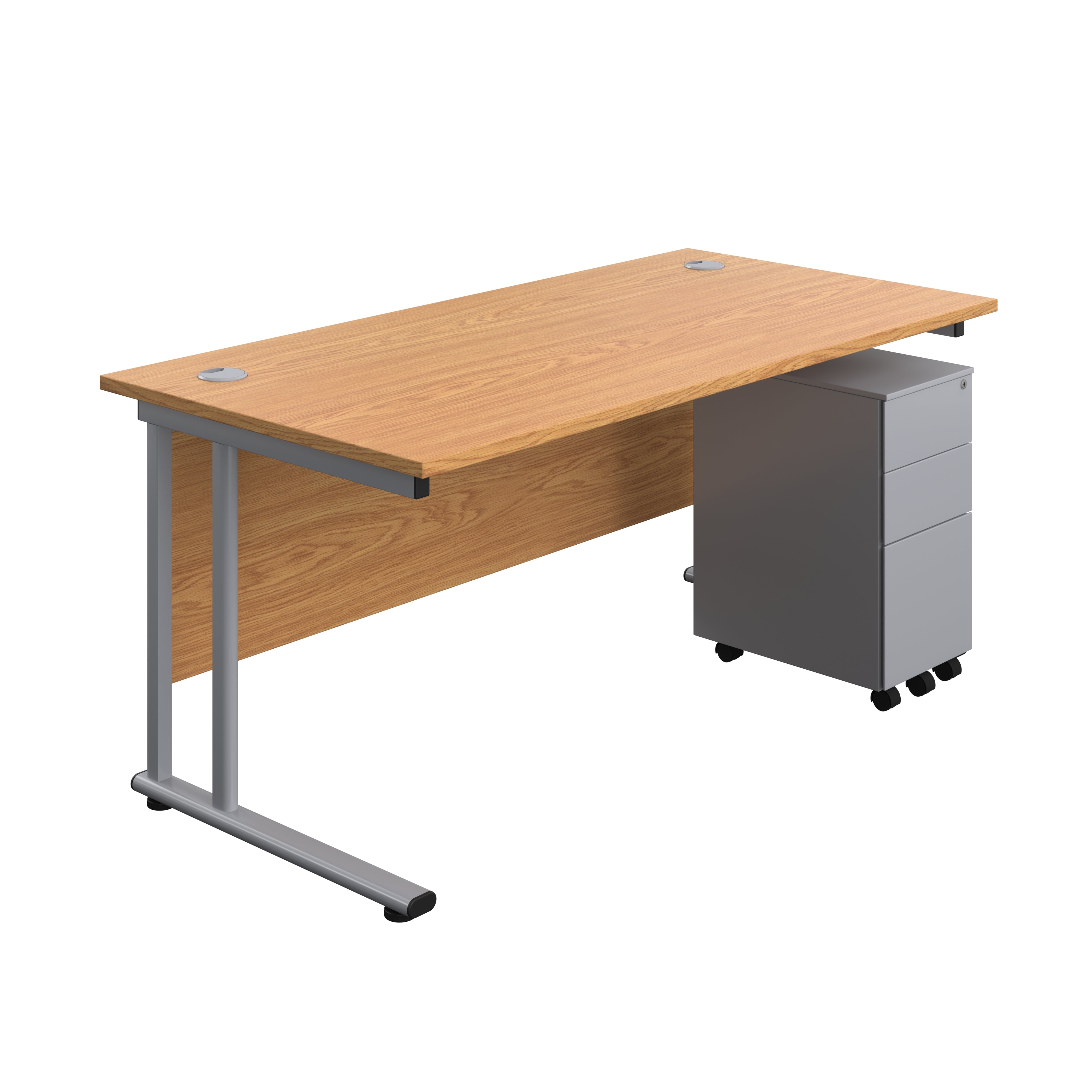 Twin Upright Rectangular Desk + Slimline Steel Pedestal 3 Drawers (FSC) | 1600X800 | Nova Oak/Silver