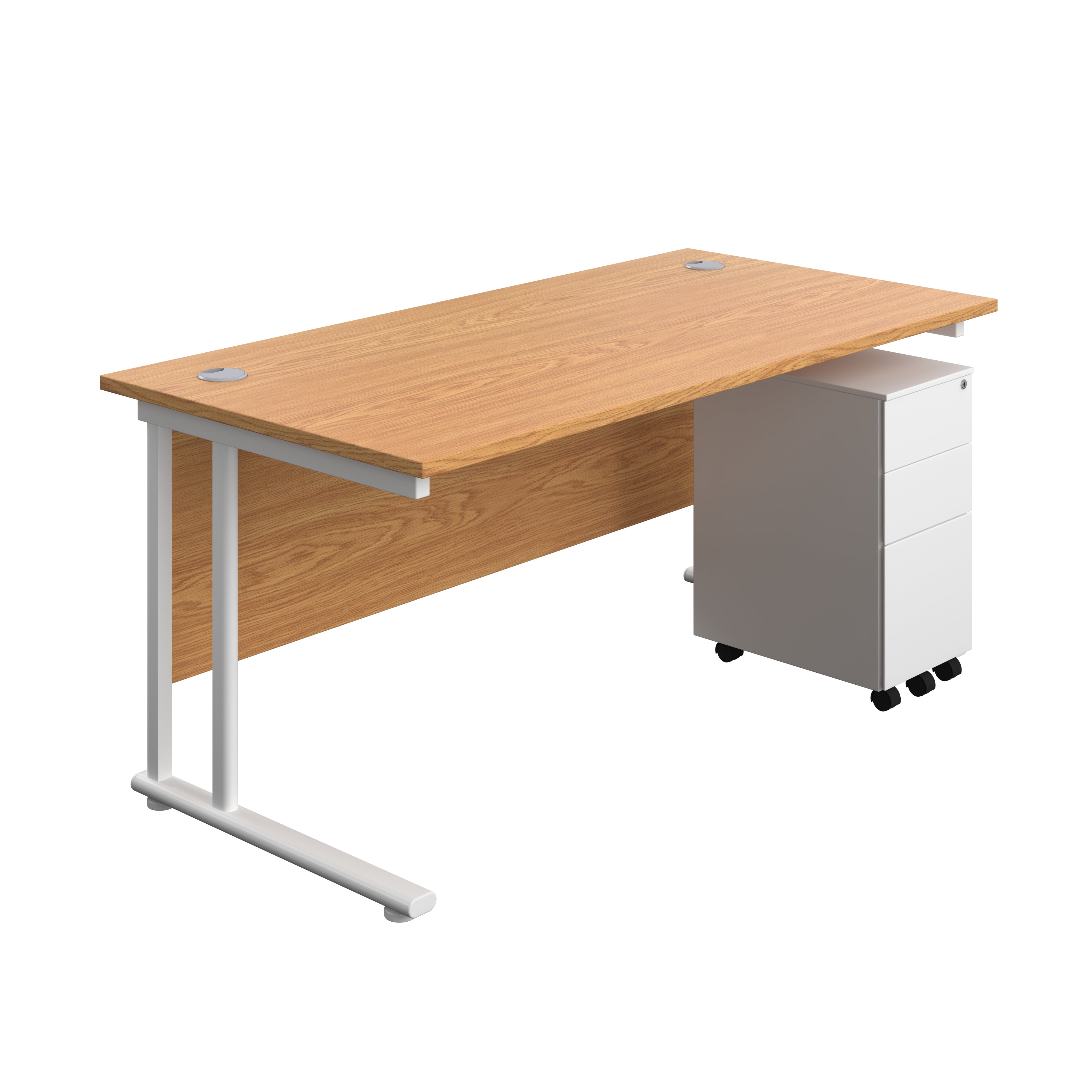 Twin Upright Rectangular Desk + Slimline Steel Pedestal 3 Drawers (FSC) | 1600X800 | Nova Oak/White